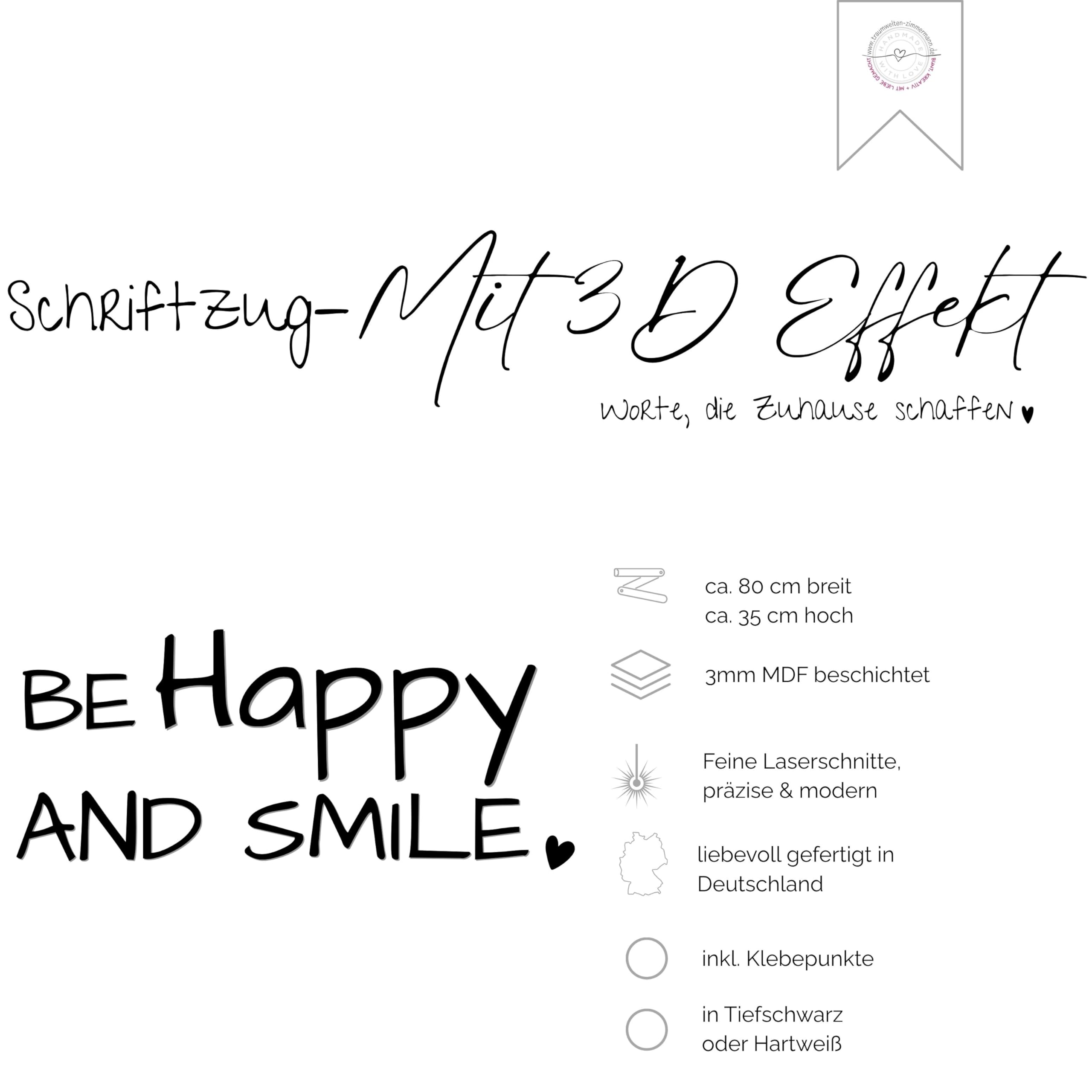 Wand-Schriftzug Be Happy and Smile – 3 mm Holz – Wanddeko in Schwarz oder Weiß – moderner Deko-Schriftzug für Wohnzimmer, Flur, Büro & Kinderzimmer – motivierende Wandgestaltung
