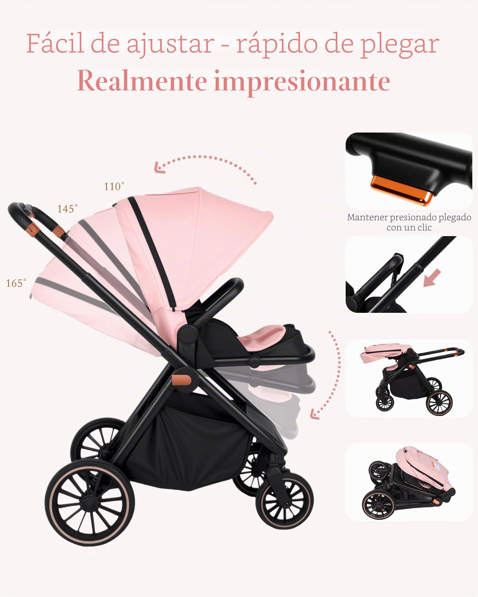 Carrito bebe 3 en 1, carro bebe con dos modos deslizantes reversibles, silla de paseo con marco de aleación de aluminio, juego completo 3 en 1 diseño plegable con un solo toque-Rosa
