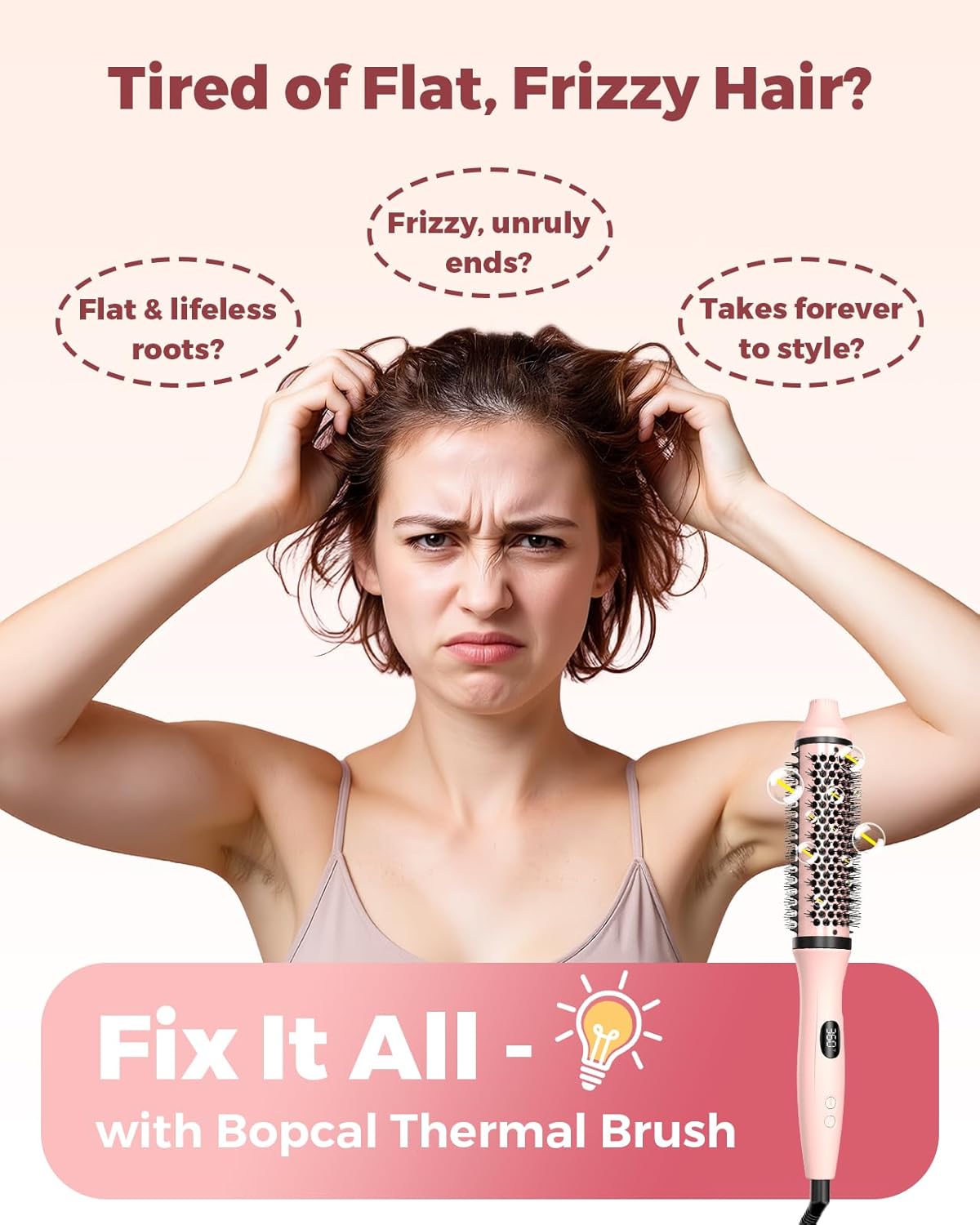 Bopcal Dual Voltage Thermal Brush, 1.5 Inch Heated Round Brush for Blowout Look, Heated Curling Styler with Negative Ions & Ceramic for Volumizing, 6 Temps & Auto Shut-Off,No Damage, Pink