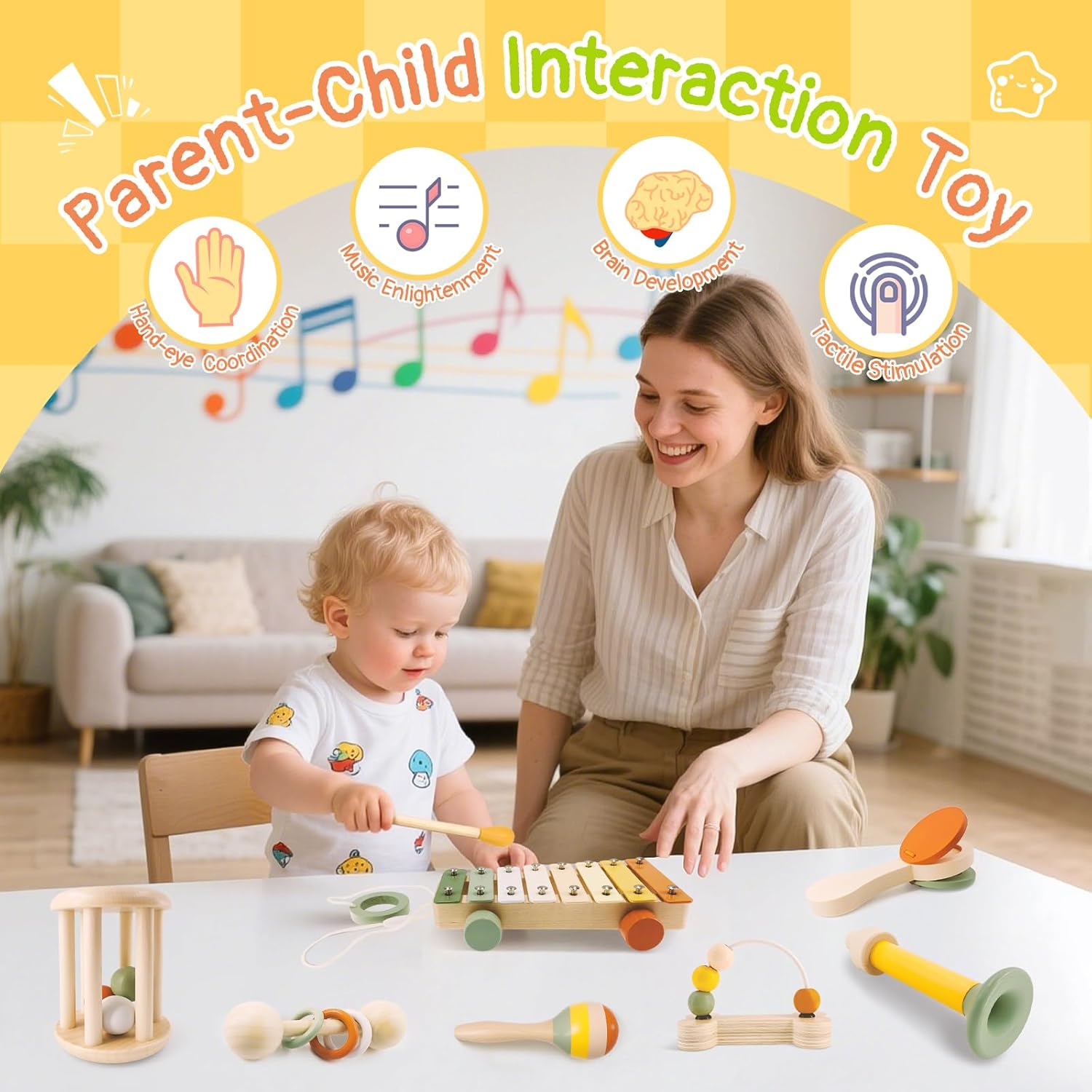 Wooden Musical Instruments Set for Toddlers 18+ Months - 7PCS Montessori Educational Learning Toys with Xylophone, Maracas, Trumpet & Storage Bag for Kids Baby