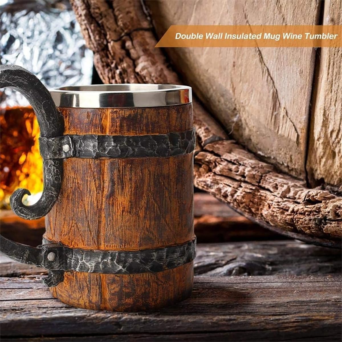 Wooden Barrel Beer Mug, Large Viking Cup Wood Style Beer Stein with Handle, Double Wall Stainless Steel Tankard Mug, Antique gifts for Men Bar Restaurant Renaissance Accessories - Image 4