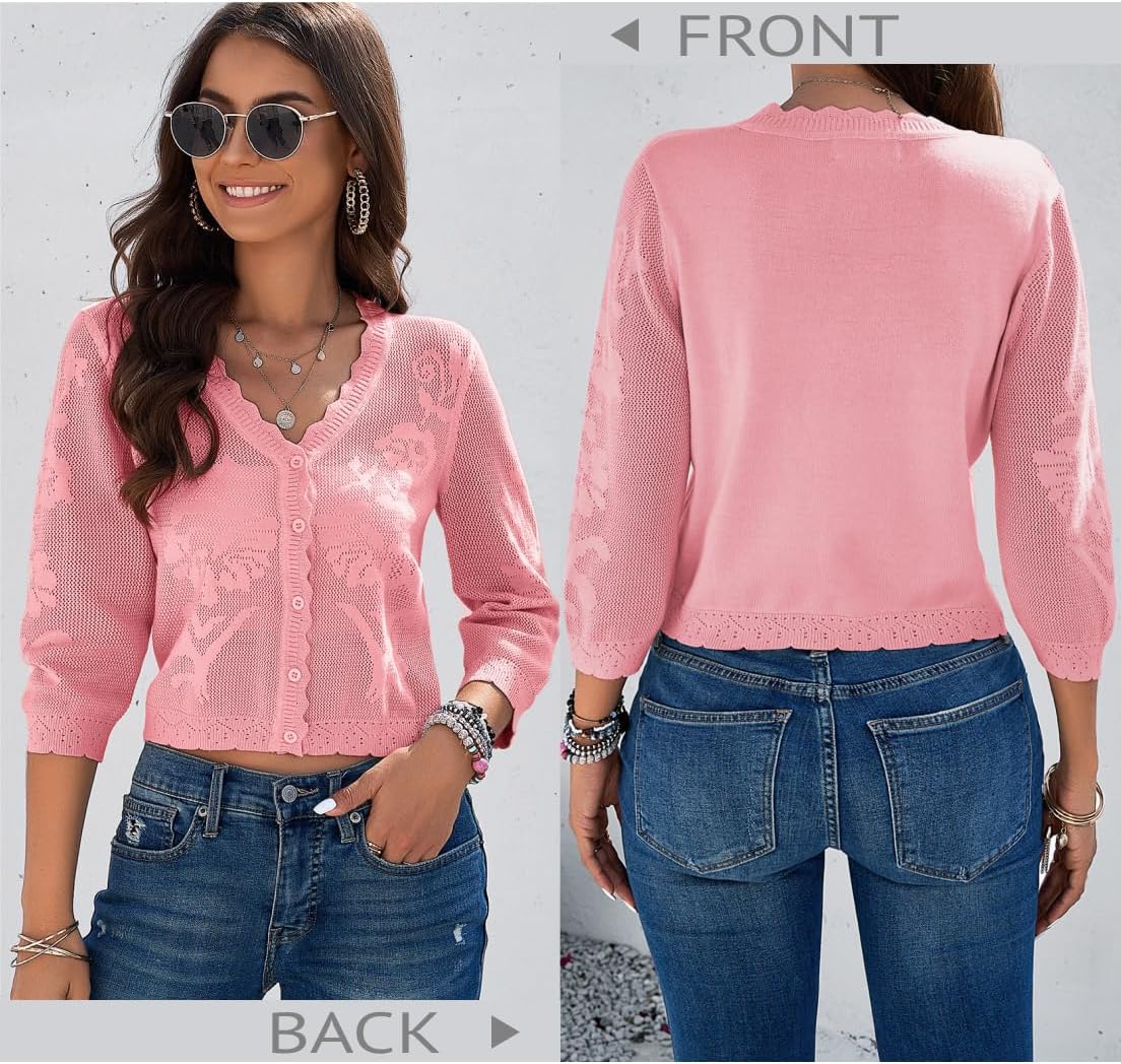 Kate Kasin Women's Cropped Cardigan Sweaters Trendy Lightweight 3/4 Sleeve Button Down Crochet Textured Shrugs Top - Image 3