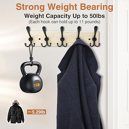 Miniatura 5 de Perchero de madera resistente para pared, paquete de 2 perchas de pared con 5 ganchos triples para ropa, chaqueta, sombrero, llaves, organizador de