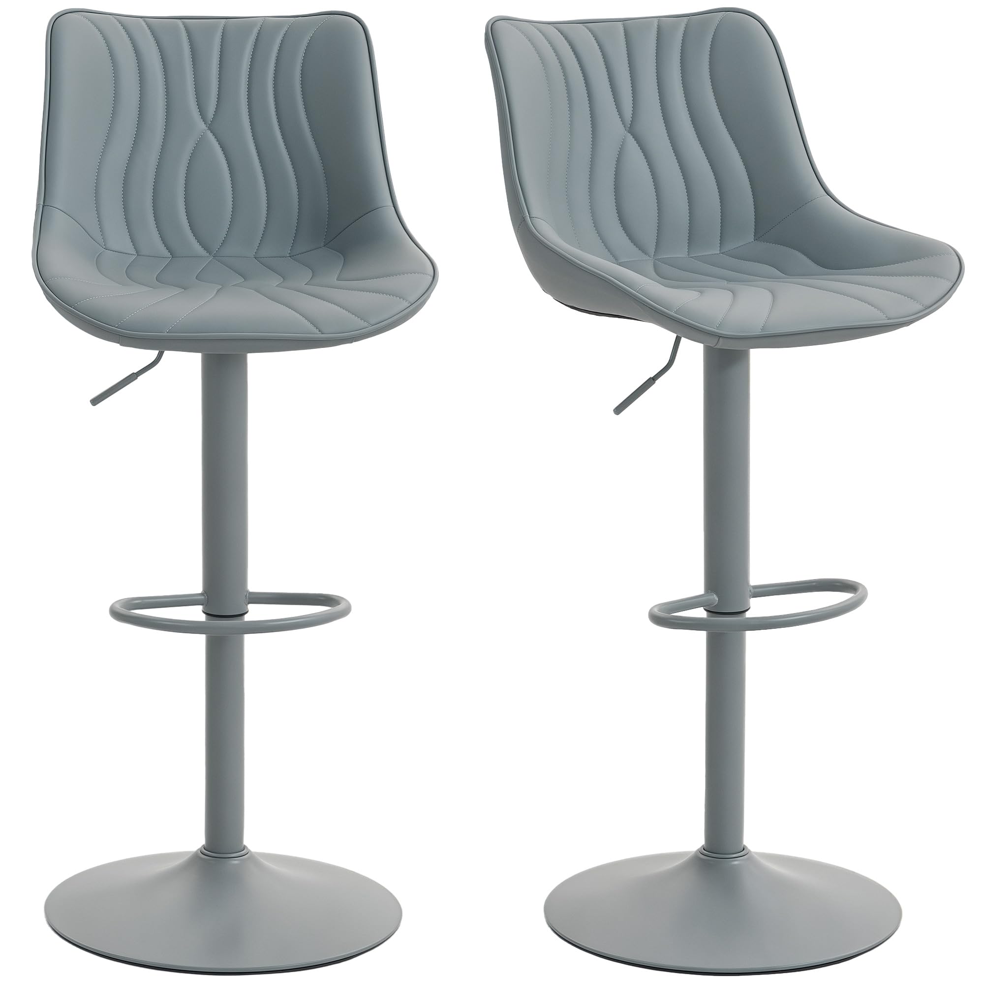 HOMCOM Juego de 2 Taburetes de Bar Taburetes Altos de Cocina Giratorios con Altura Ajustable 92-110 cm Respaldo Asiento de Piel Sintética Marco de Acero y Reposapiés para Comedor Mostrador Gris