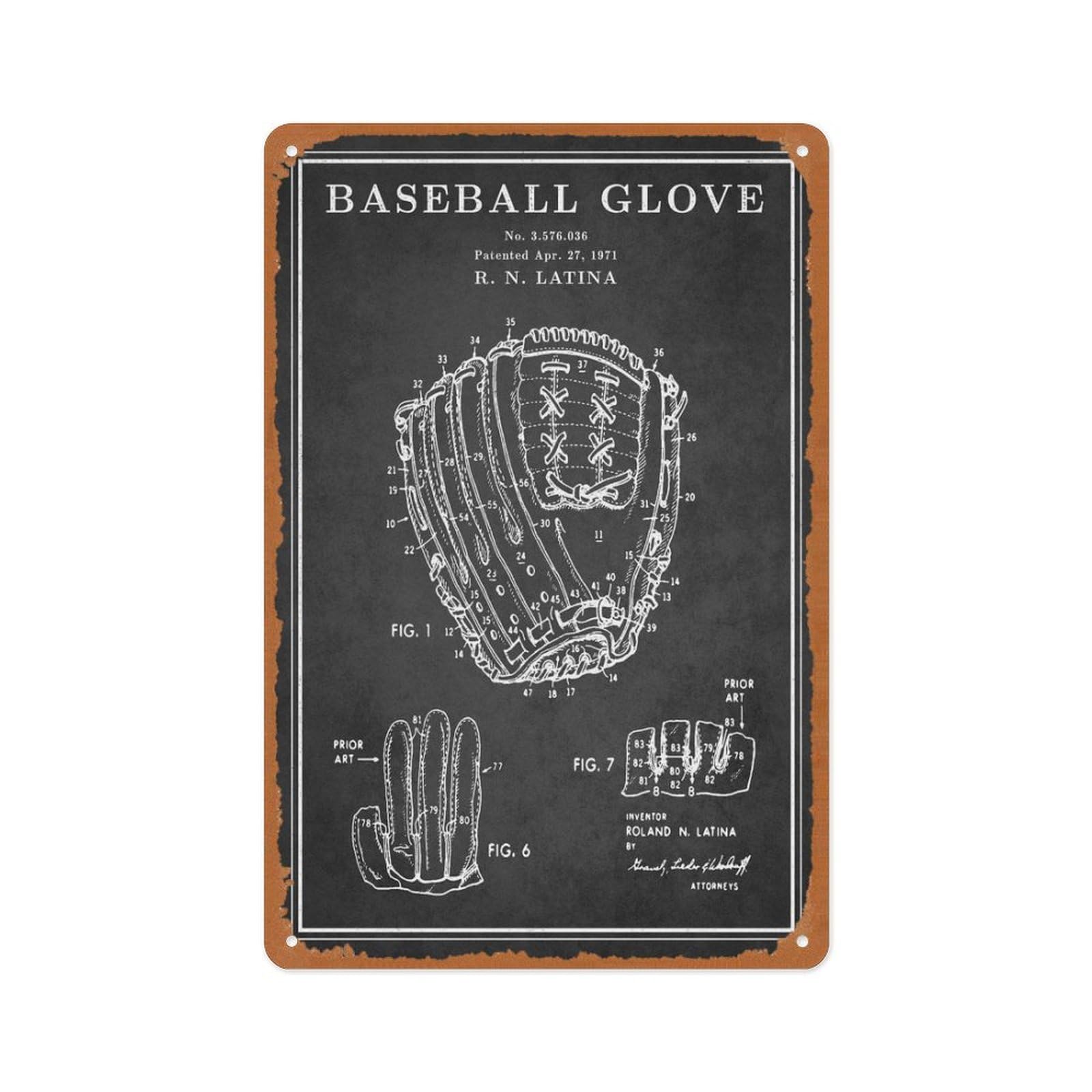 peiyeety Baseball Patents Black Baseball Glove Patent Art Poster Retro Vintage Metal Tin Sign Plaque, For Home Man Cave Wall Art Decoration 8x12 Inch