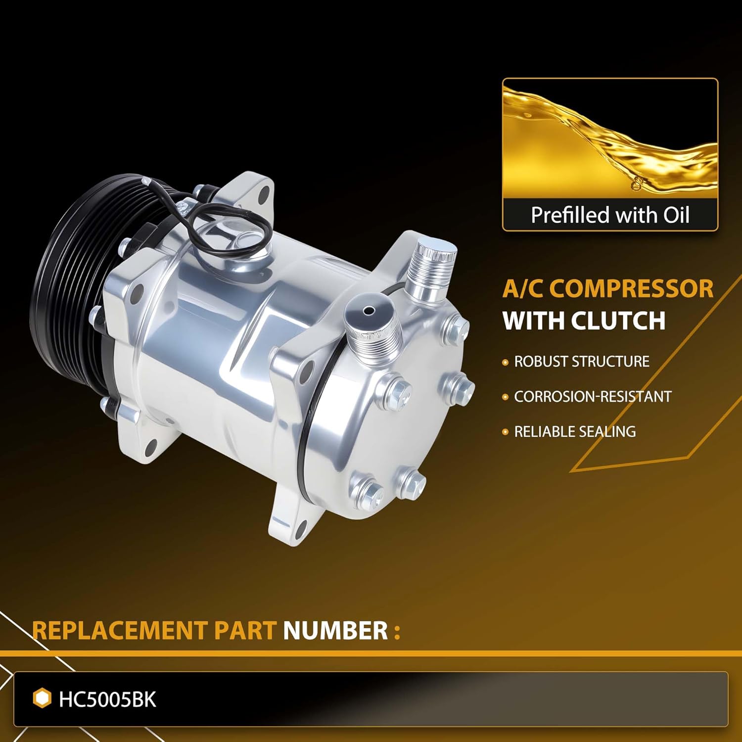 Universal AC Compressor with 6PK Clutch for Sanden SD-7 Style, 6 Groove Serpentine Belt 12V HC5005BK