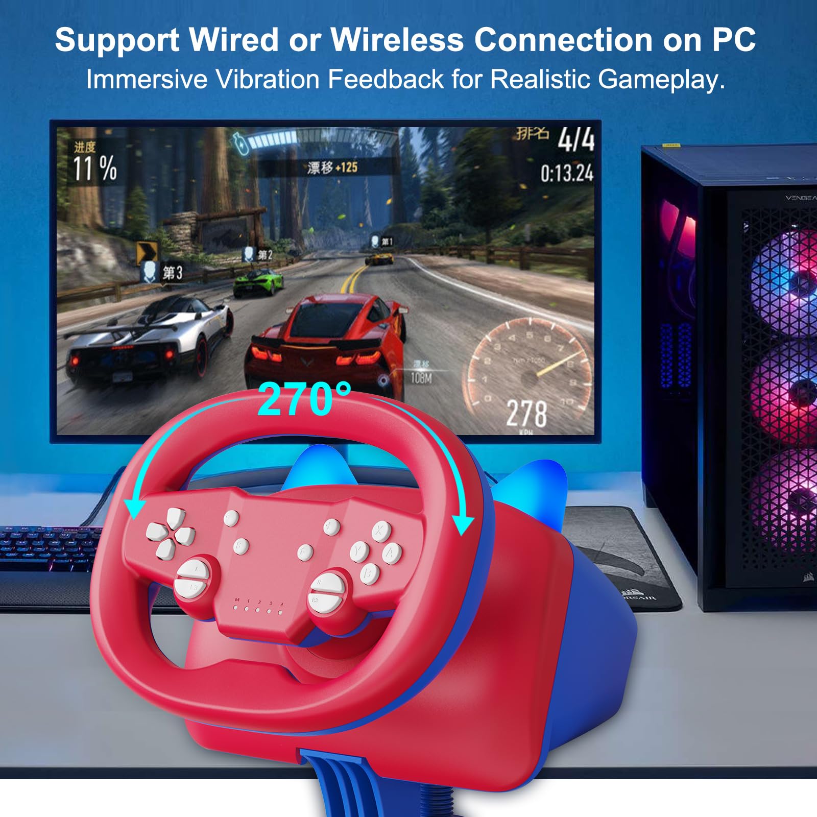 DOYO Lenkrad, PC Wireless Lenkrad mit Einstellbarem Vibrationsfeedback und 270-Grad-Rotation, PS4 lenkrad mit pedale Nintendo Switch, PC, PS4, PS3, IOS & Android Handys, Tablets