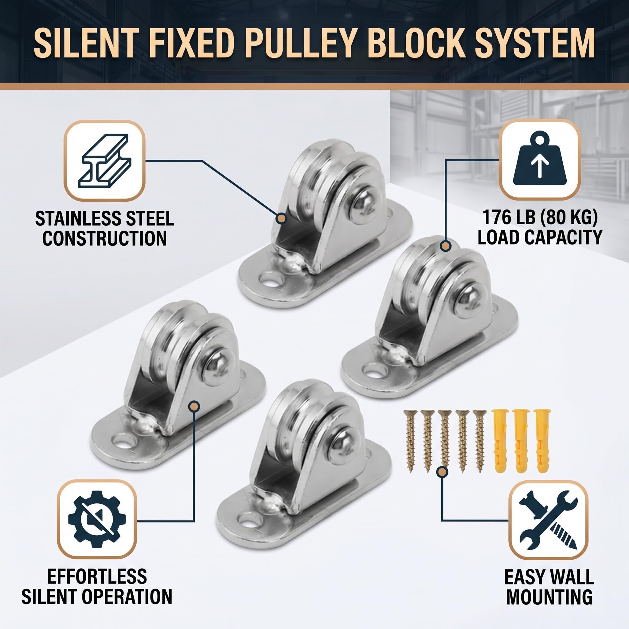 Polea de Cuerda, Polea Pequeña de Acero, Polea de Cuerda Silenciosa, Polea Fija Montada en la Pared para Equipos de Bricolaje, Puerta Corrediza de Cable (4PCS)