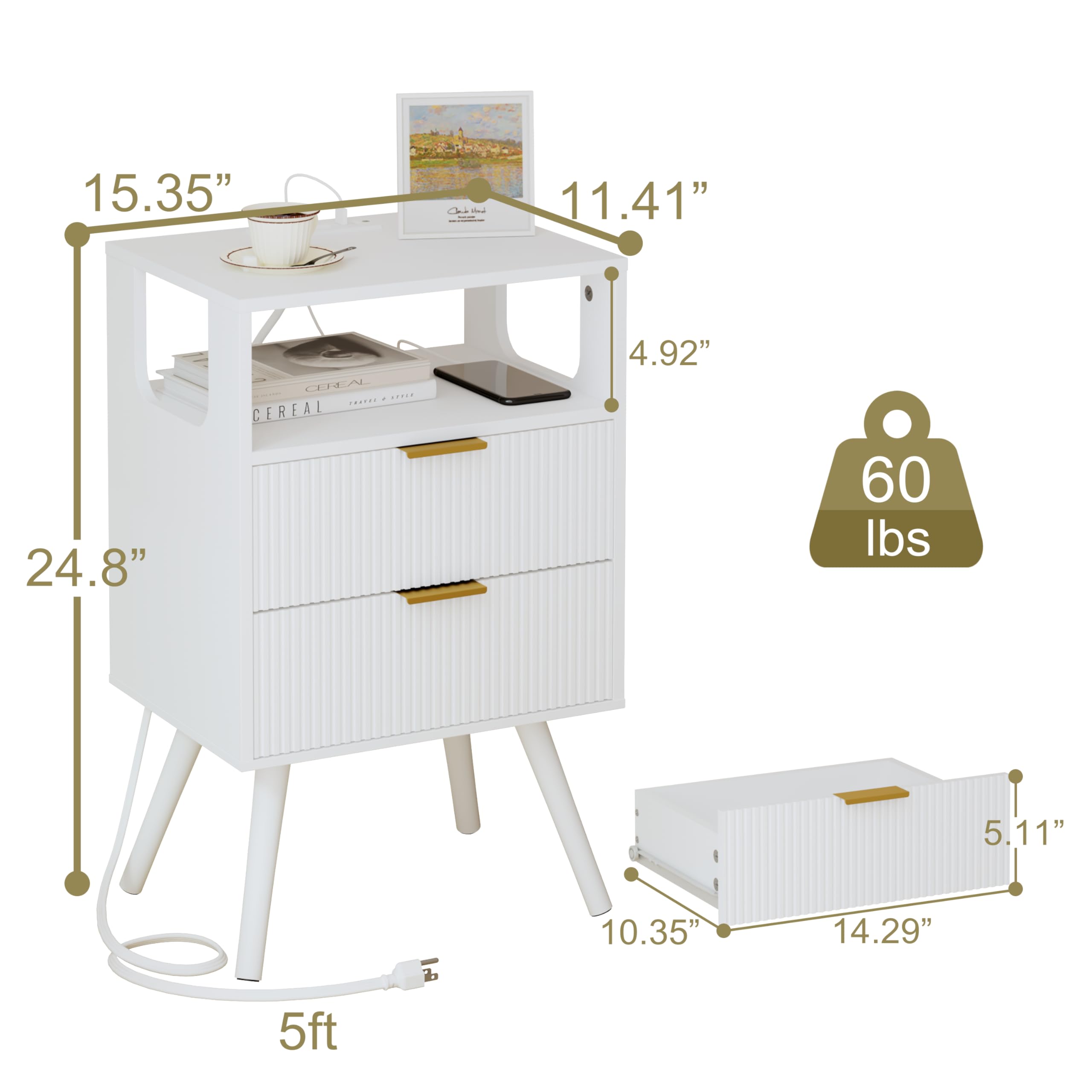 Mesita de noche blanca con estación de carga y luces LED, moderna mesita de noche con 2 cajones de almacenamiento y estante de madera abierta, para dormitorio y espacios pequeños, mesita de 4
