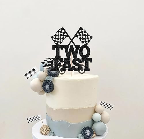 Vista 2 de Decoración para tartas de dos rápidos, temática de auto de carreras con purpurina negra, decoración de pastel de fiesta de segundo cumpleaños