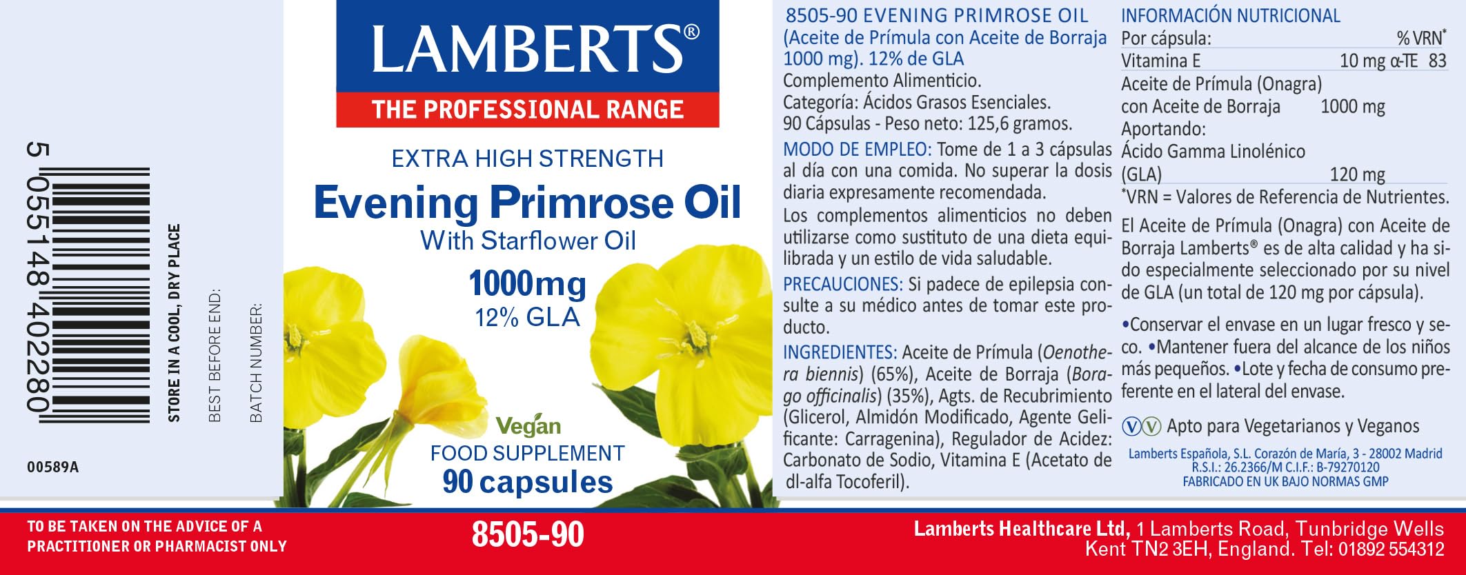 Lamberts Aceite de Prímula con Borraja 1000mg - 90 Cápsulas