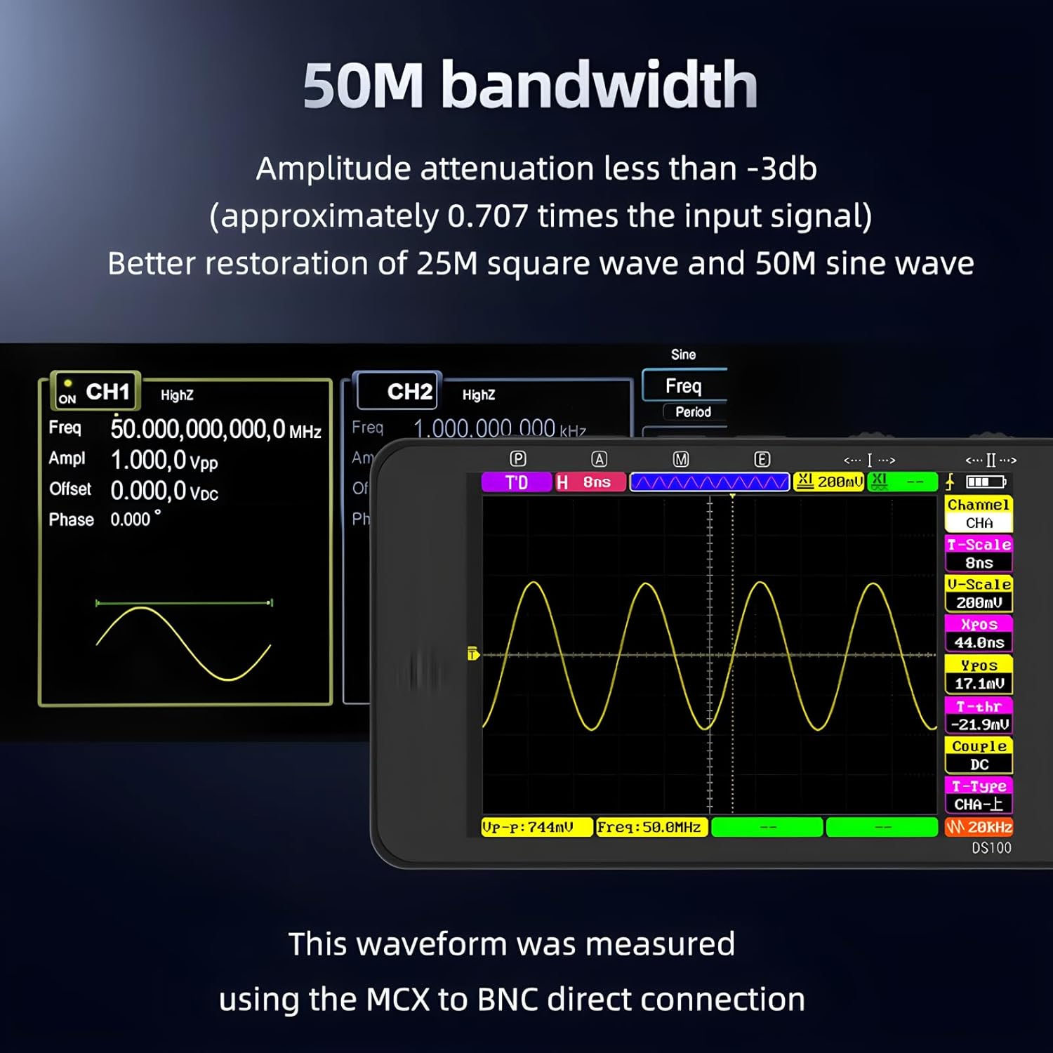 DS100 Mini Digital Handheld Oscilloscope 50MHz Bandwidth Dual Channels Multifunction Electronic Component Tester Tools(DS100 KitIV)