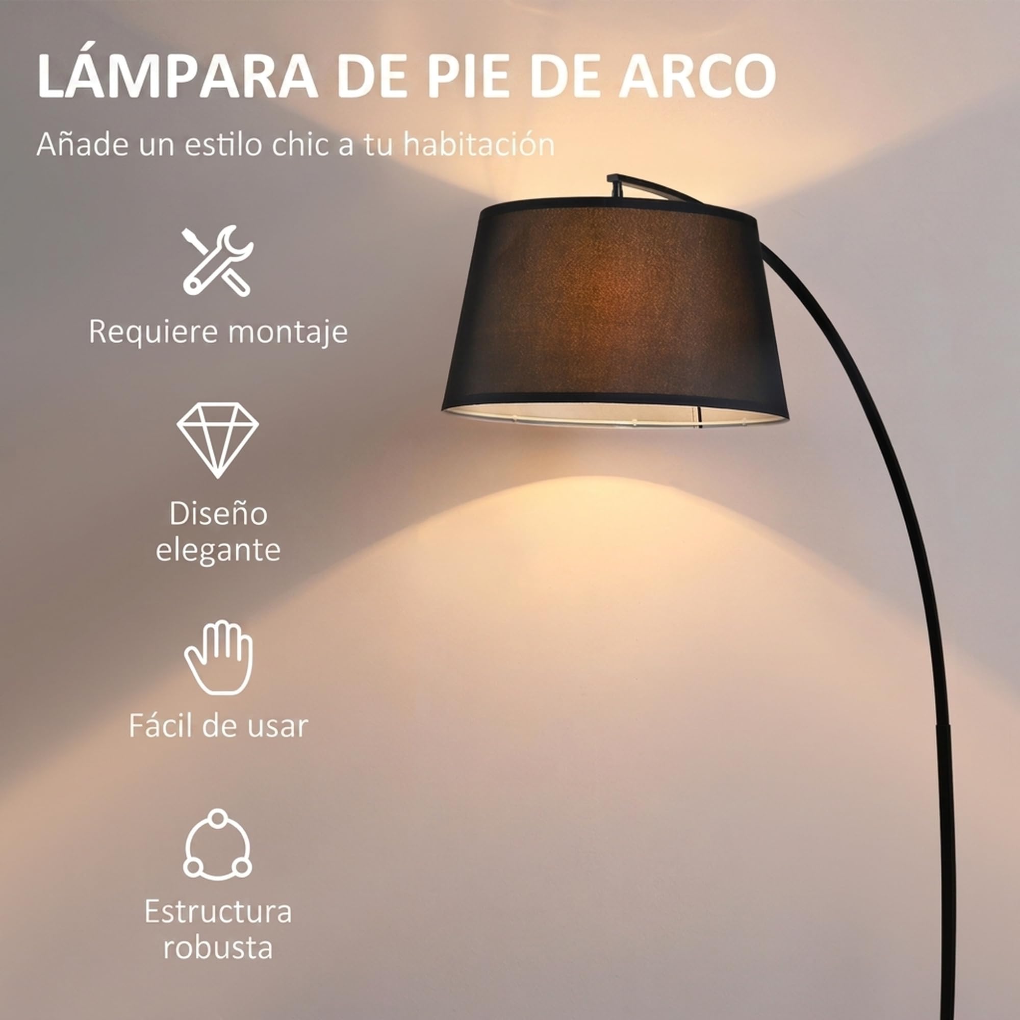 HOMCOM Lámpara de Pie Arco con Pantalla de Tela con Casquillo E27 Negro | Lámpara de Pie para Salón, Bombilla no Incluida, Interruptor de Pedal, para Dormitorio, Oficina