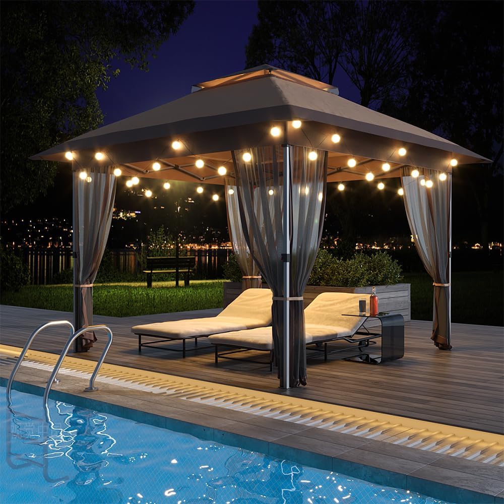 GAOMON 12 X 12ft Pop-up Gazebo, Double Roof Outdoor Canopy Tent with Mosquito Netting, Camping Canopy Gazebo for Lawn, Patio and Garden