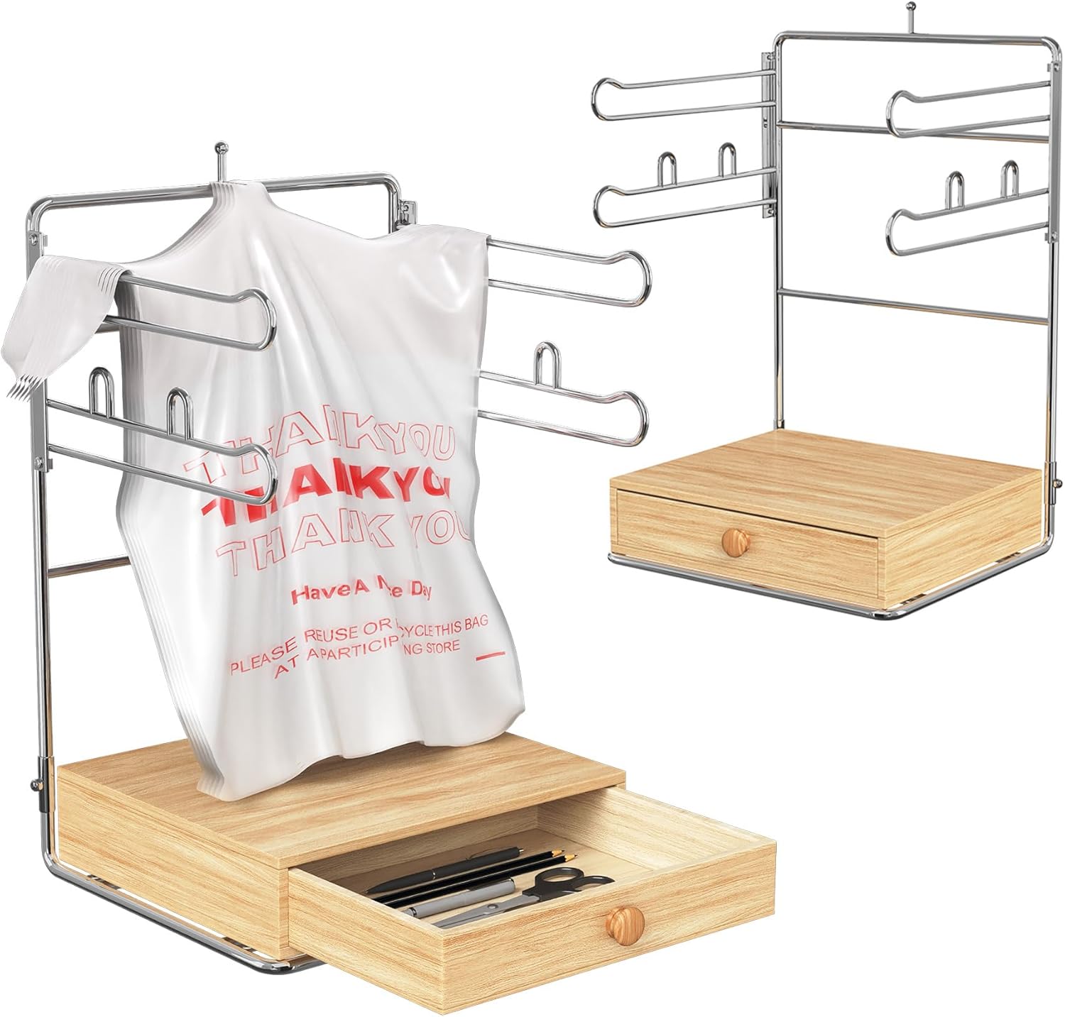 2 Pcs Plastic Grocery Bag Stand, Chrome Plated Metal T-Shirt Bag Holder with Wooden Drawer Base for Convenient Storage, Shopping Bag Organizer Rack for Homes, Retail Stores and Restaurants