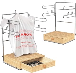 2 Pack Plastic Grocery Bag Stand, Chrome Plated Metal T-Shirt Bag Holder with Wooden Drawer Base for Convenient Storage, Shopping Bag Organizer Rack for Homes, Retail Stores and Restaurants