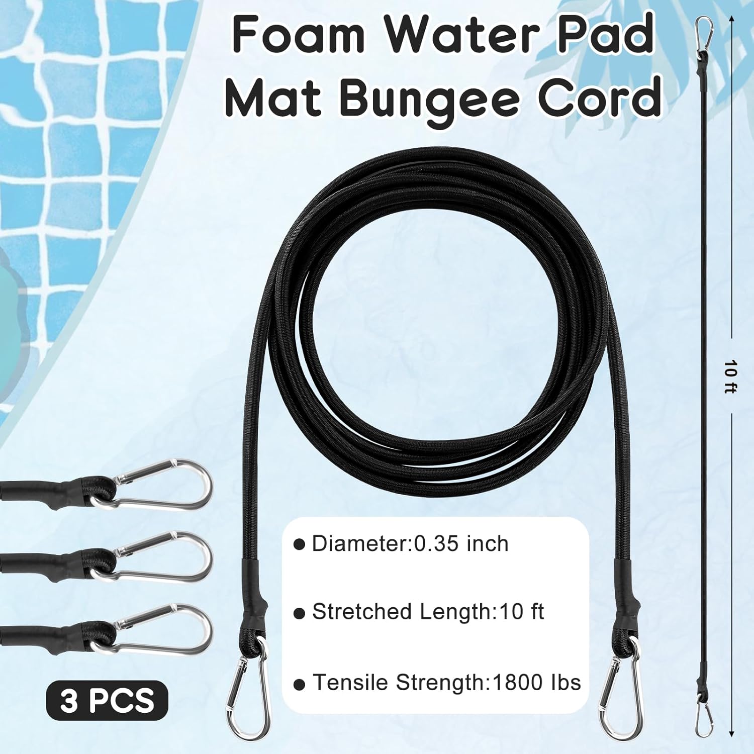 3 Pcs 10Ft Elastic Bungee Cords with Carabiner Hooks, Foam Water Pad Mat Bungee Cord, Heavy-Duty Shock Cord, Kayak Stretch String Rope, Floating Mat Tether Kit for Secure Mooring