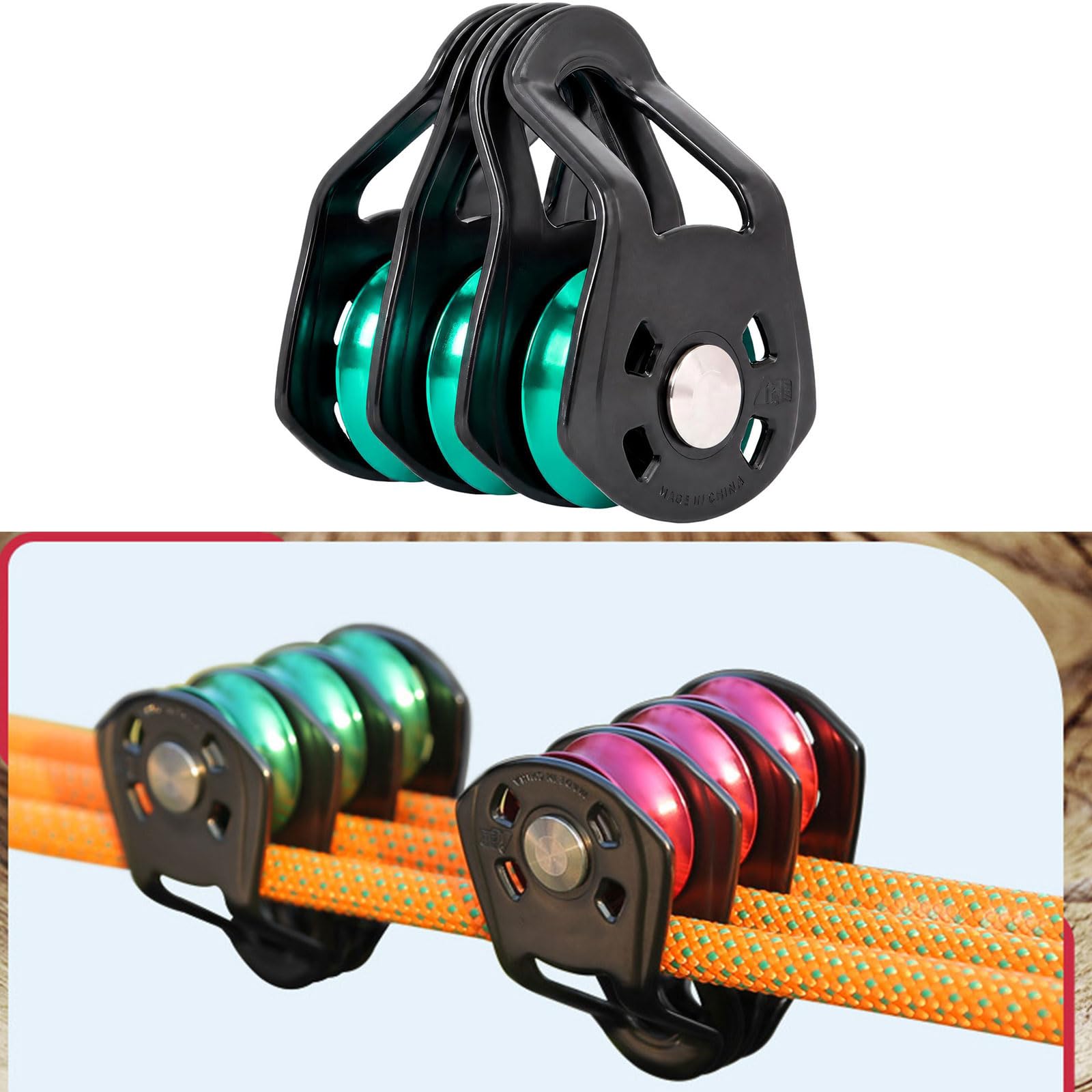 Polea de tres poleas para elevación y transporte, color rojo y gris