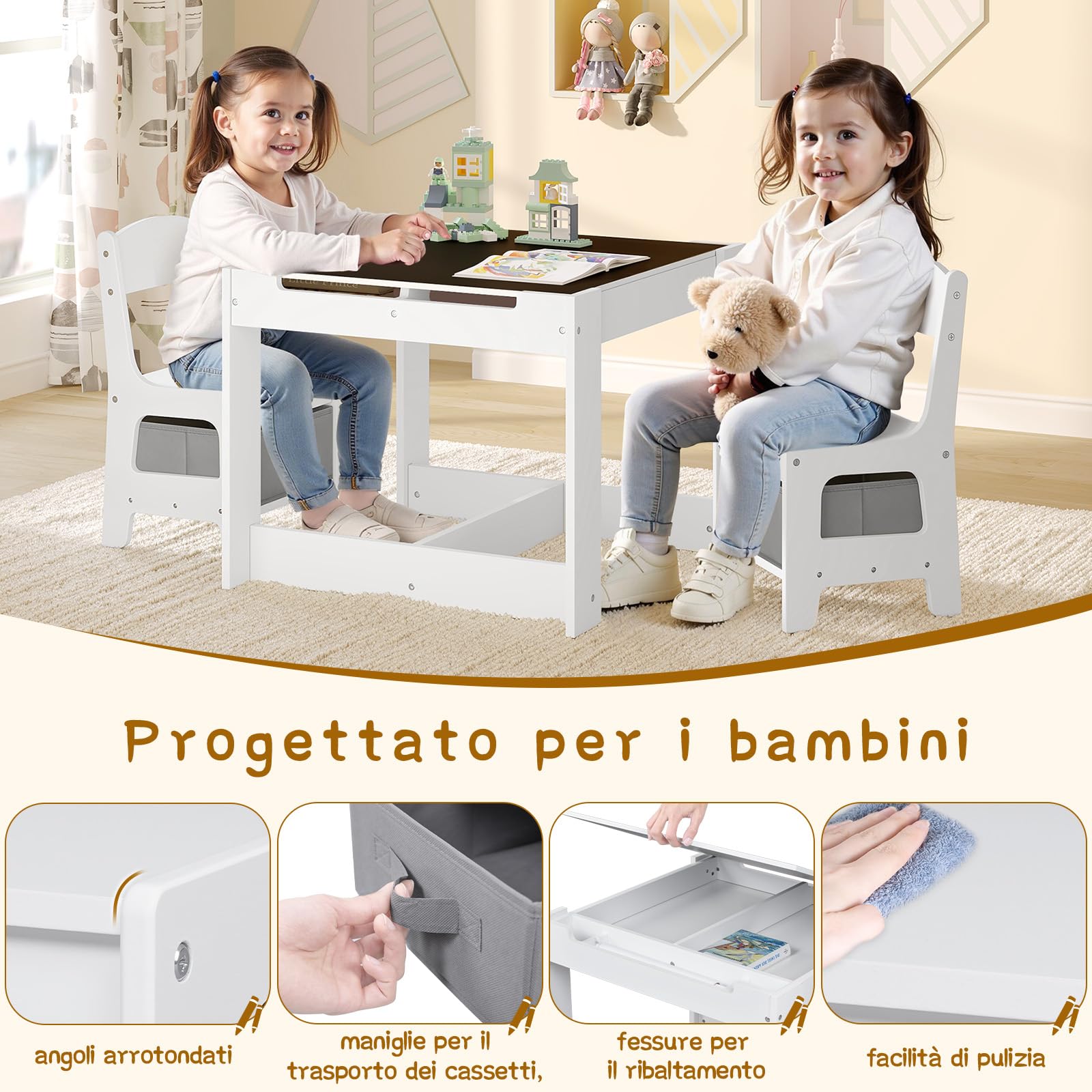 Lestarain Tavolino per Bambini con 2 Sedie, Lavagna, Scatole Portaoggetti, con Rullo di Carta per Asilo, Stanza dei Giochi