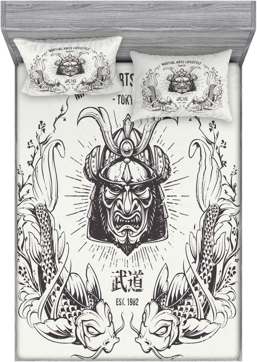 Ambesonne Asian Fitted Sheet & Pillow Sham Set, Traditional Japanese Samurai Koi Fish Martial Arts Lifestyle Tokyo Typography, Decorative Printed 3 Piece Bedding Decor Set, Full, Coconut Grey