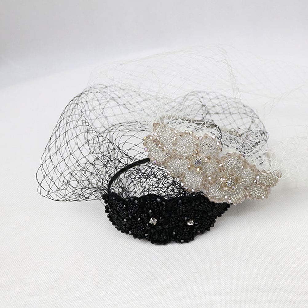 Lurrose Vintage Headband with Mesh Mask Manual Diamond Hairband Headwear Birdcage Veil Fascinator for Woman Girls (Black) - Image 3