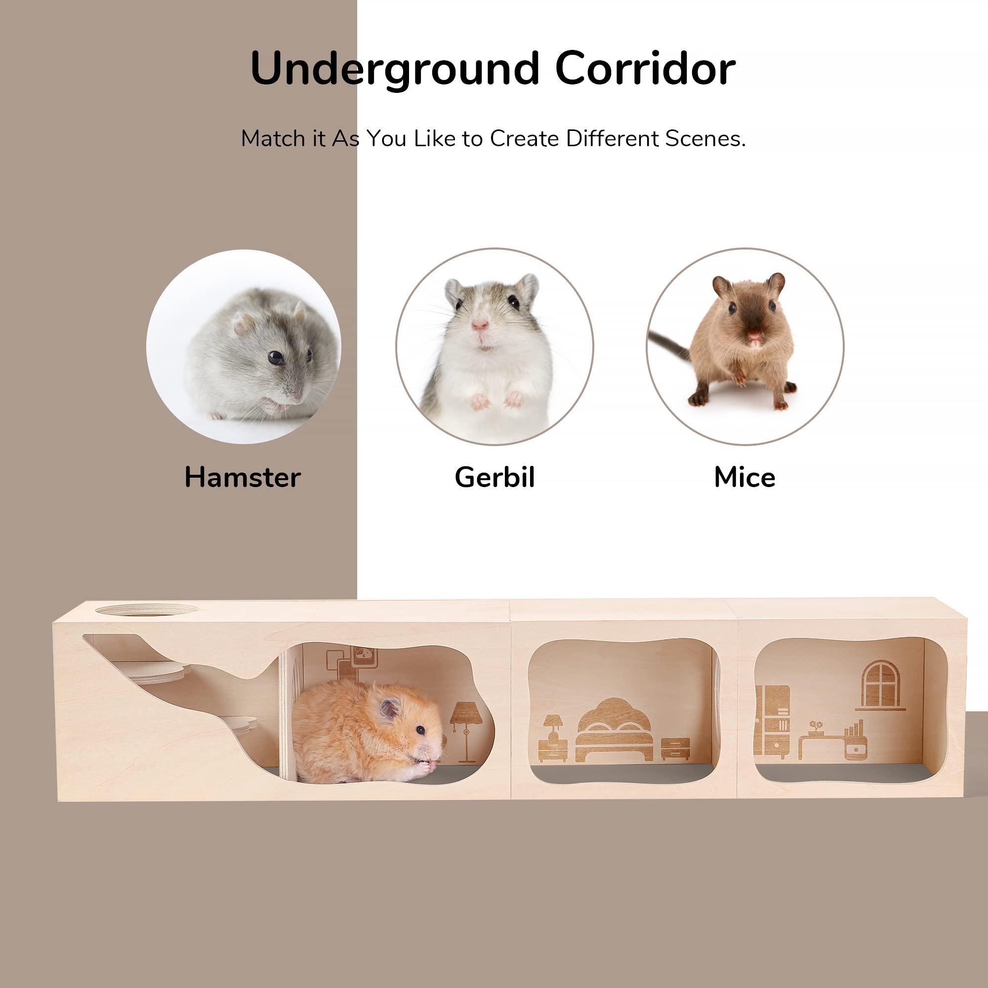 tafit Hamster Hideout Wooden House Chamber Small Animals Pets Tunnel Exploring Toys Secret Peep Shed for Dwarf Hamsters Syrian Hamsters - Image 3