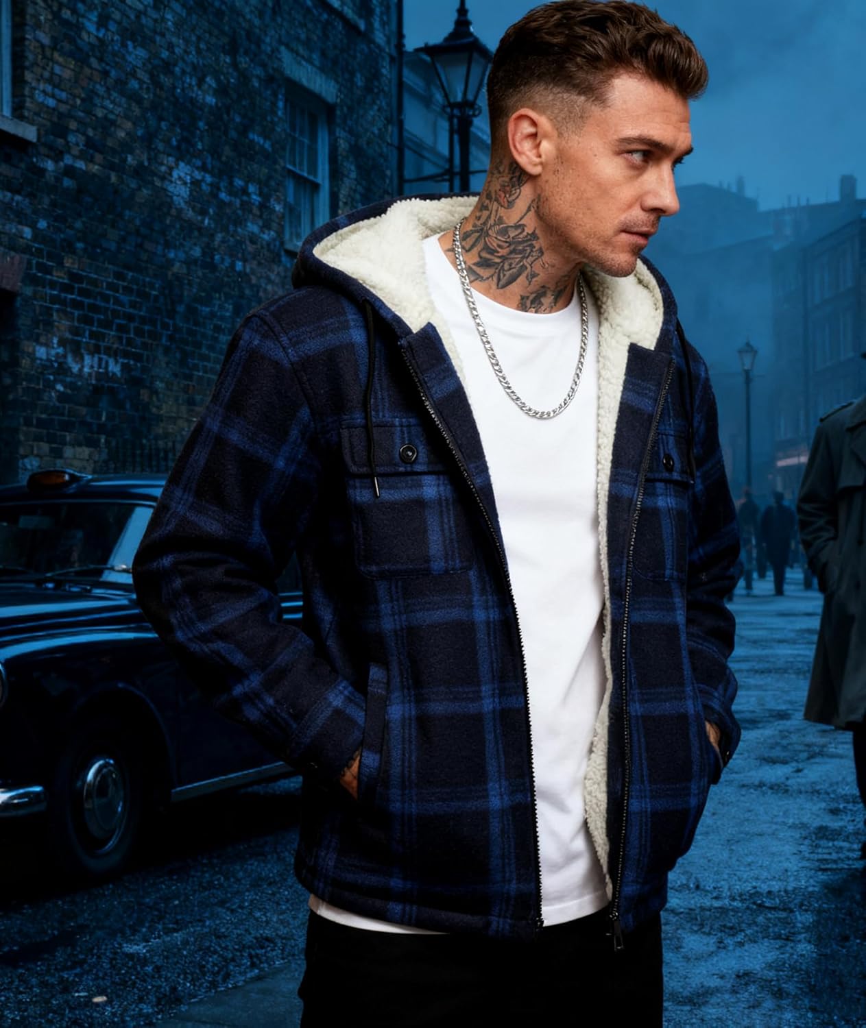 Mens Plaid Full Zip Hoodie Warm Flannel Shirt Jacket Fleece Lined Outerwear Coat with Hood - Image 3