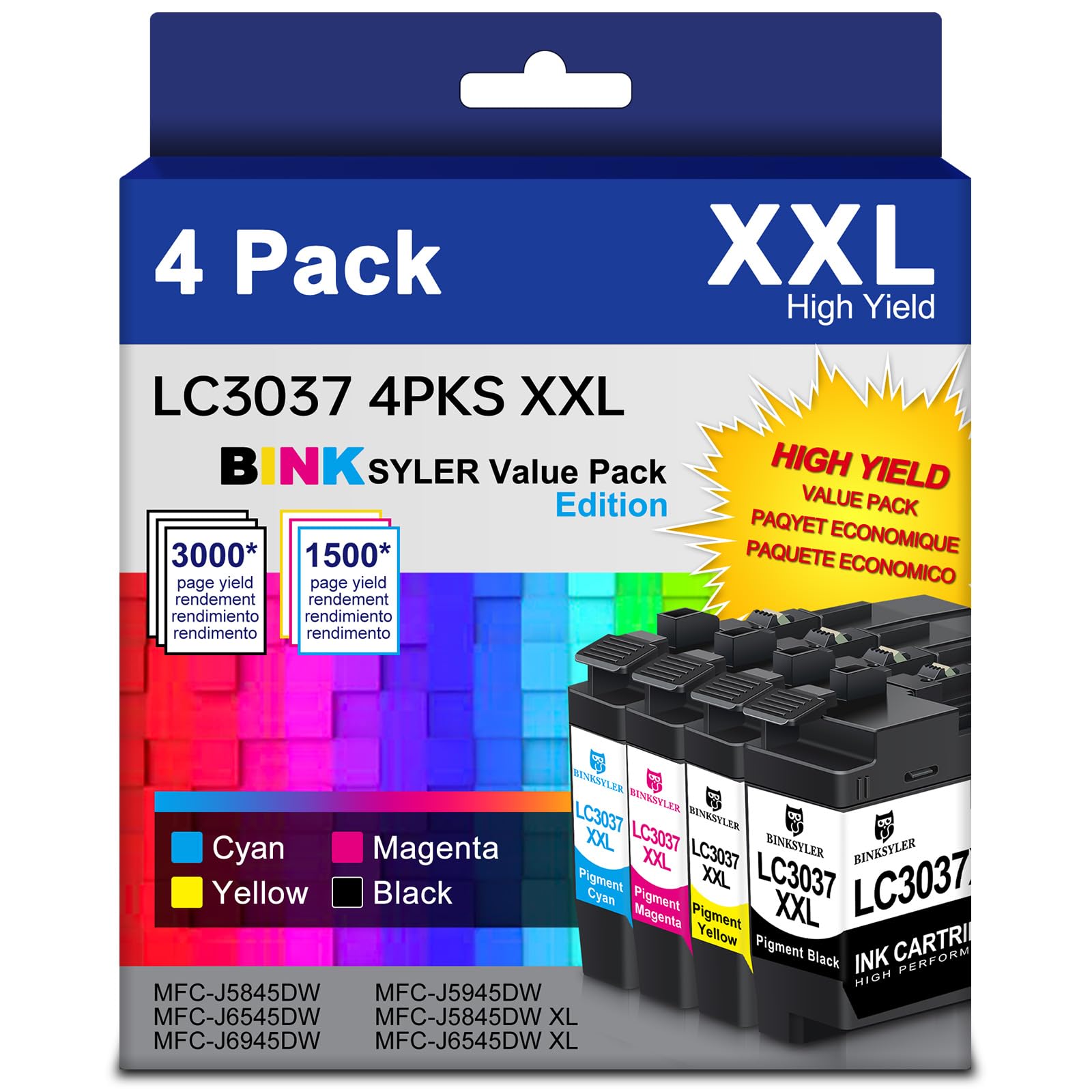 Amazon.com: BINKSYLER LC3037 XXL BK/C/M/Y Ink Cartridges - Super