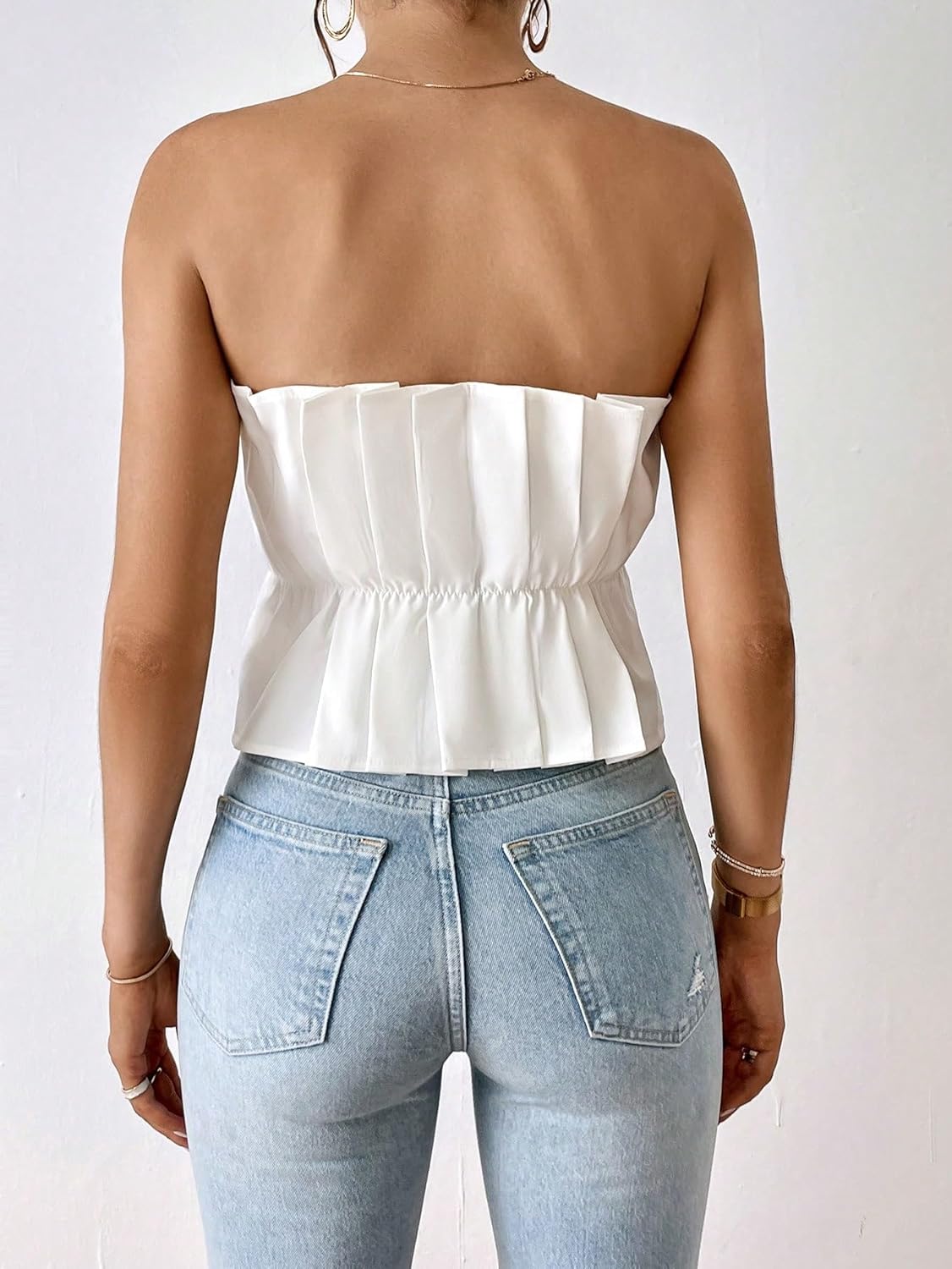 SweatyRocks Women's Strapless Pleated Tube Top Elegant Summer Flare Hem Crop Tank Tops - Image 2