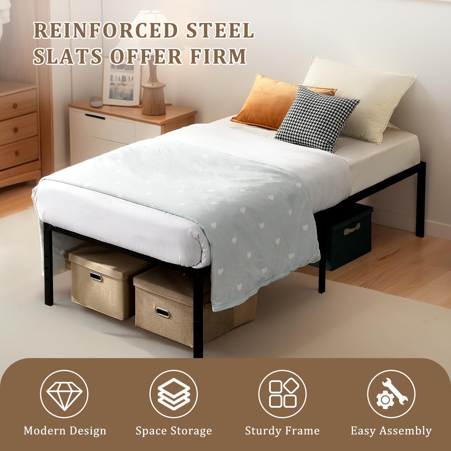 Twin Size Metal Platform Bed Frame - 15-Inch Under-Bed Storage | Sturdy Mattress Foundation | No Box Spring Required - Elegant Black Design