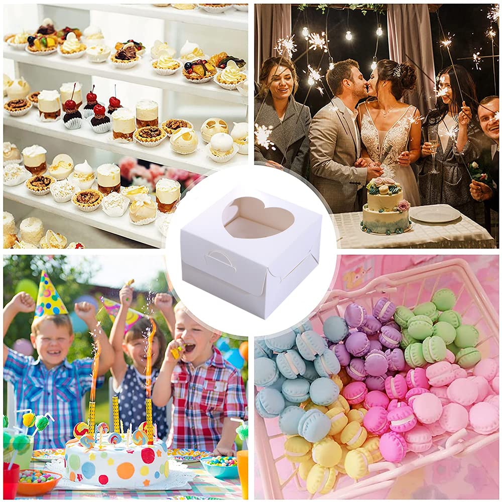 30 Pezzi Mini Scatole per Torta, 10x10x6,5cm Scatole per Dolci, Scatola per Biscotti, con Finestra Trasparente a Forma di Cuore, per Cupcake, Muffin, Cioccolato, Ciambelle (Bianco)