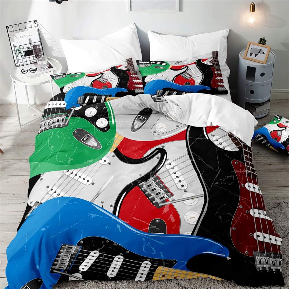 rigyeg 3PCS Microfiber Bedding Set - 3D Guitar Music Print Duvet Cover with 2 Pillowcases, Fits Single Double King Super King Size, for Adults Kids (Strings, King 220x240cm)