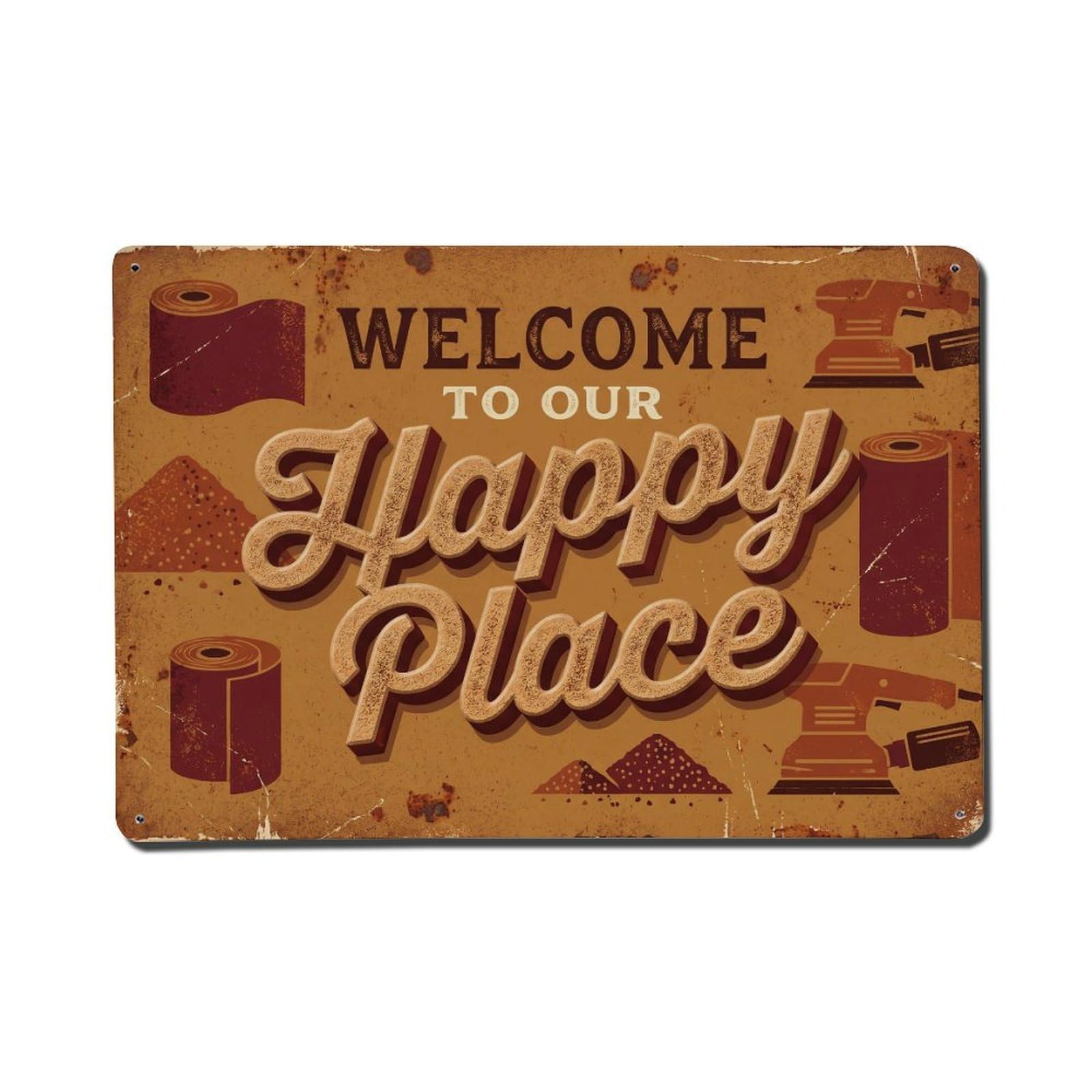 Okngb Style Screw Gear Welcome Happy Place Country Garden Border Metal Tin Sign Plaque Wall Decor For Cafe, Man Cave, Club Bar, Office, Home Garden Round Metal Poster 8X12inch