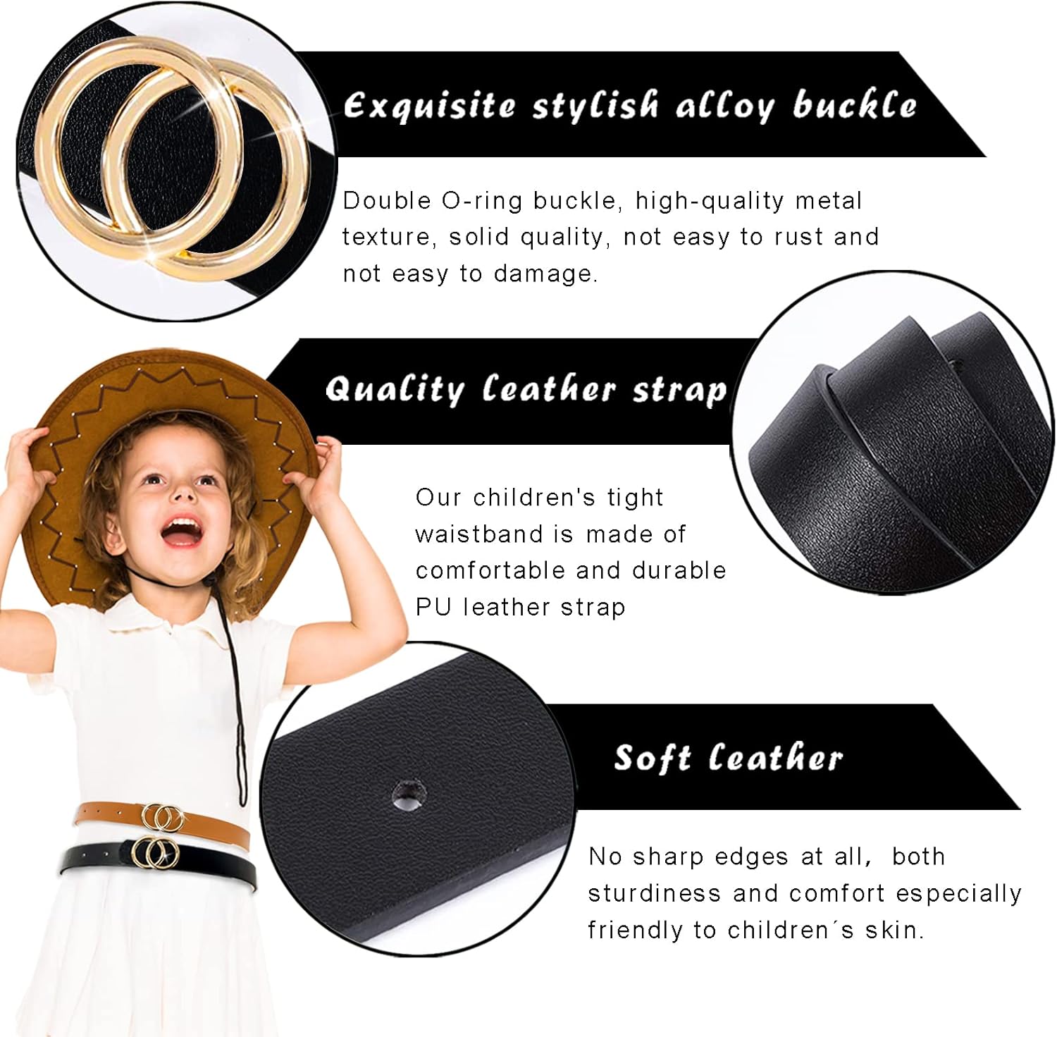 2 Pack Kids PU Leather Skinny Belts for Girls and Boys, ULENDIS Adjustable Girls Belts with Double O-Ring Buckle, Kids Toddler Waist Belt for Jeans Dress(B-black+brown): Clothing, Shoes & Jewelry