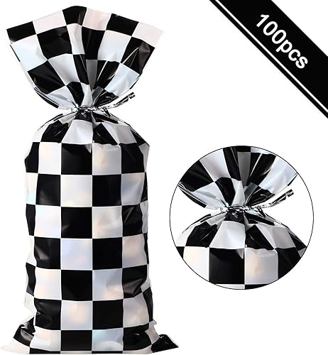 Miniatura 2 de Blulu 100 bolsas de celofán para caramelos, color negro y blanco, a cuadros, bolsas de plástico para regalo de carreras, bolsa de regalo, bolsa de