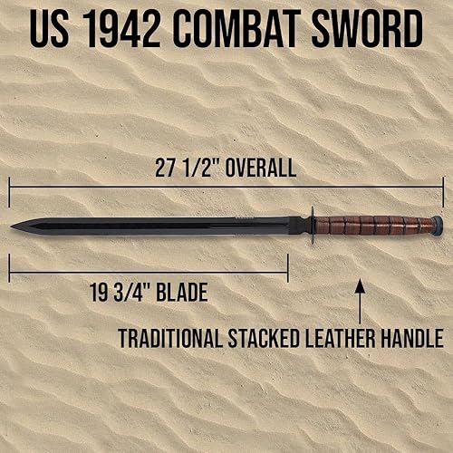 Miniatura 2 de Espada de combate de doble filo de EE.UU. 1942 y funda de hombro de nailon, hoja de acero inoxidable AUS-6, mango apilado de cuero, protector de