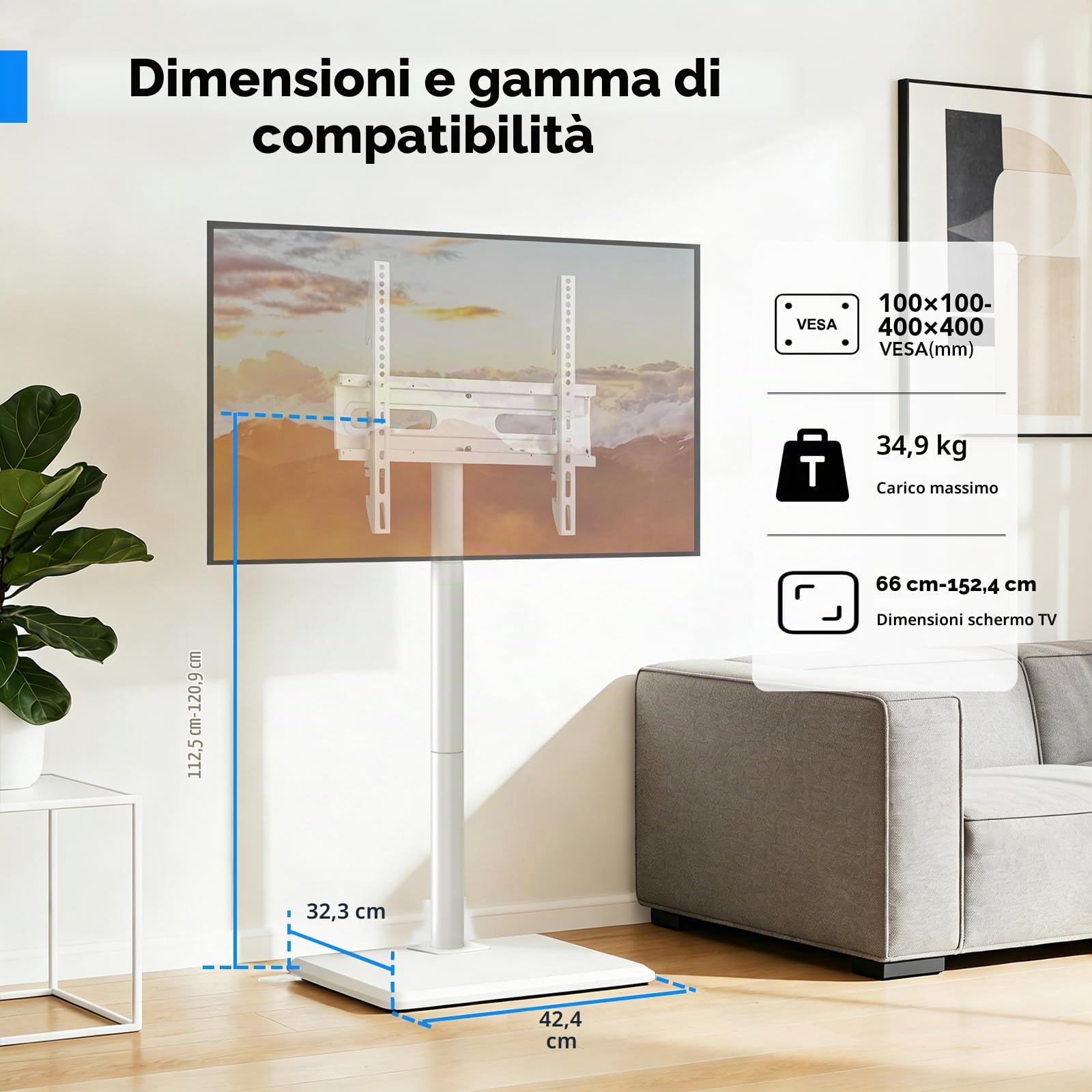 AX WABER Supporto TV da pavimento con staffa per televisori da 26-55 pollici fino a 77 libbre, supporto TV inclinabile e girevole regolabile in altezza con base in legno, bianco