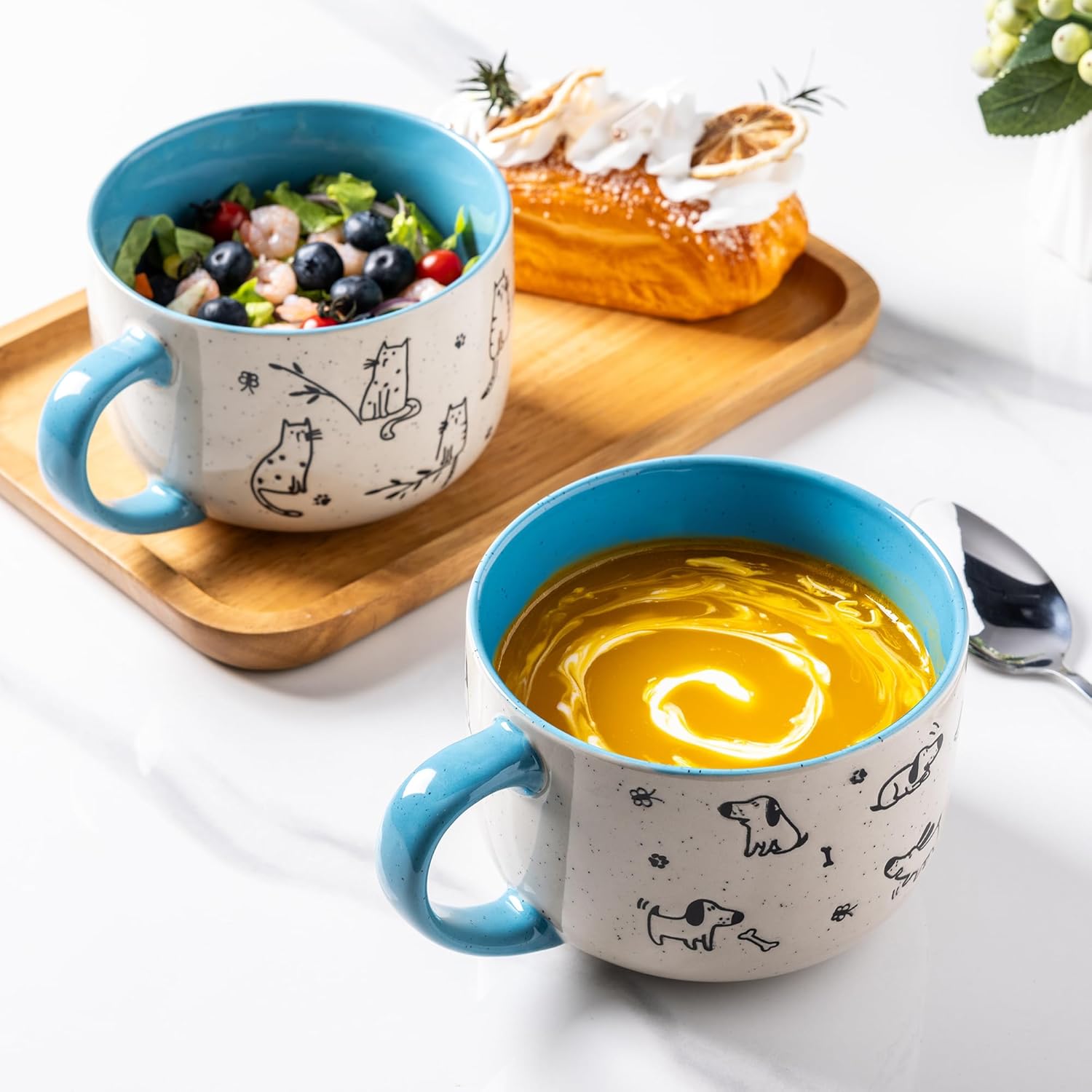 AmorArc 24 Ounces Ceramic Soup Mugs with Lids and Handle, Stoneware Bowls Cup Set of 2 for Soup, Stew, Noodle, Beautiful Mug Bowls With Lovely Dog,Cat Patterns, Microwave&Dishwasher Safe, Blue