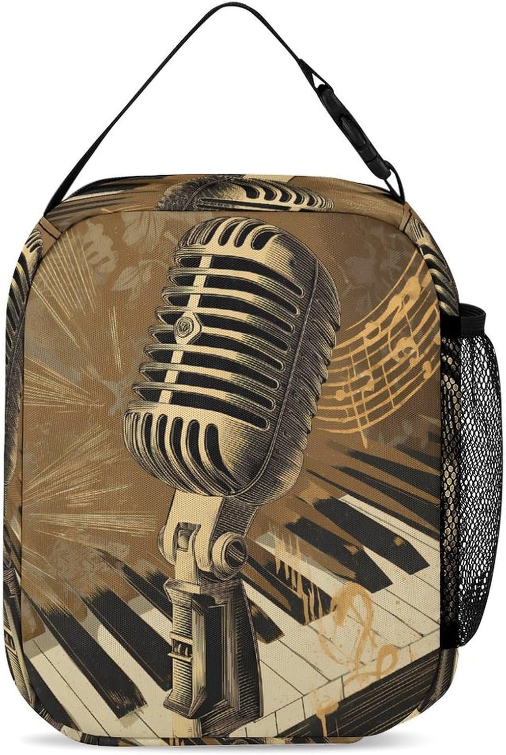 Vintage Microphone And Piano Funny Backpack 3 Piece Set Daypack with Lunch Bag And Pencil Case for Outside Activities Travel