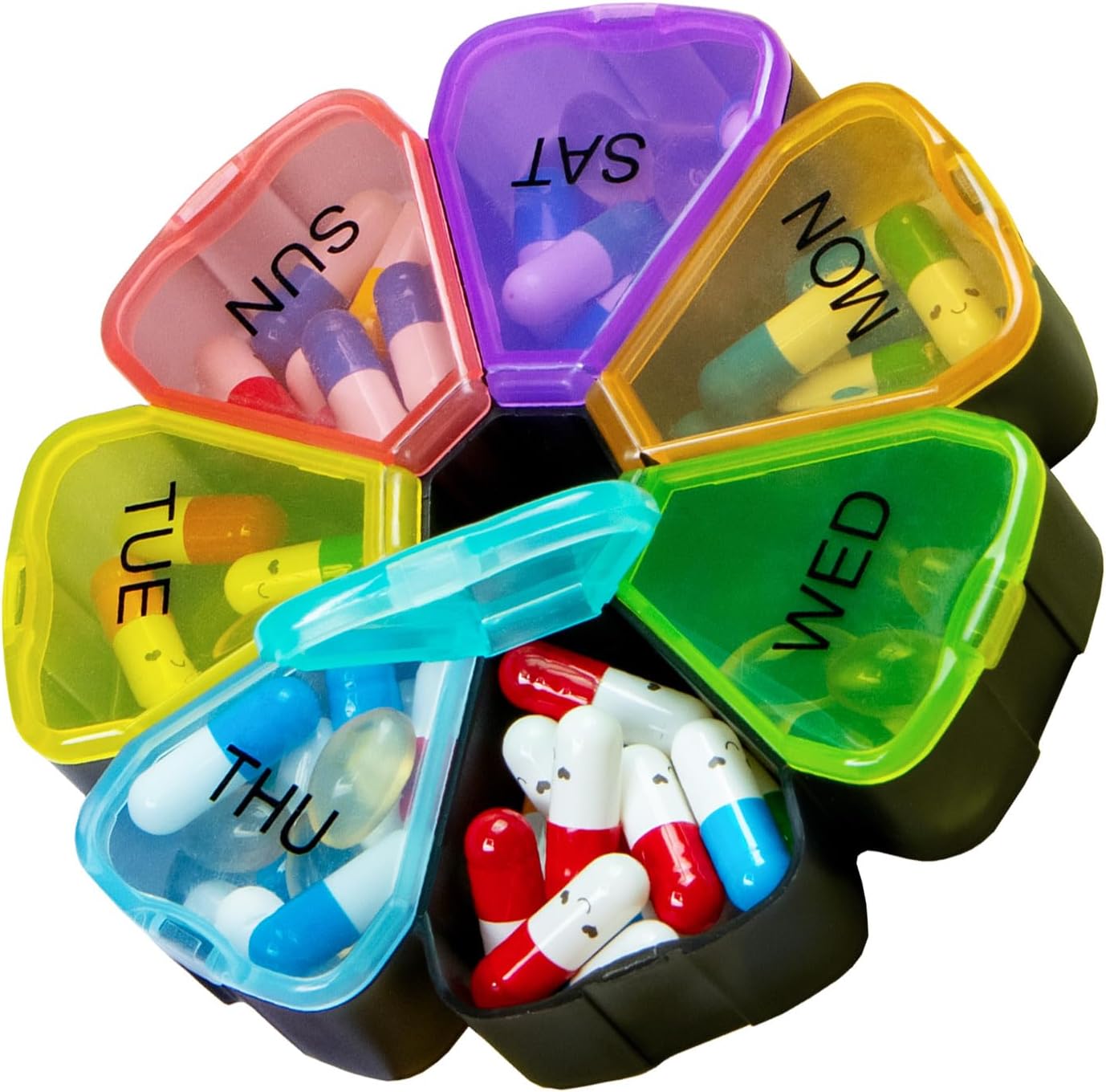 7 Day Pill Case for Medication, Vitamins, Fish Oils, Supplements, Travel Pill Box (Black Rainbow)