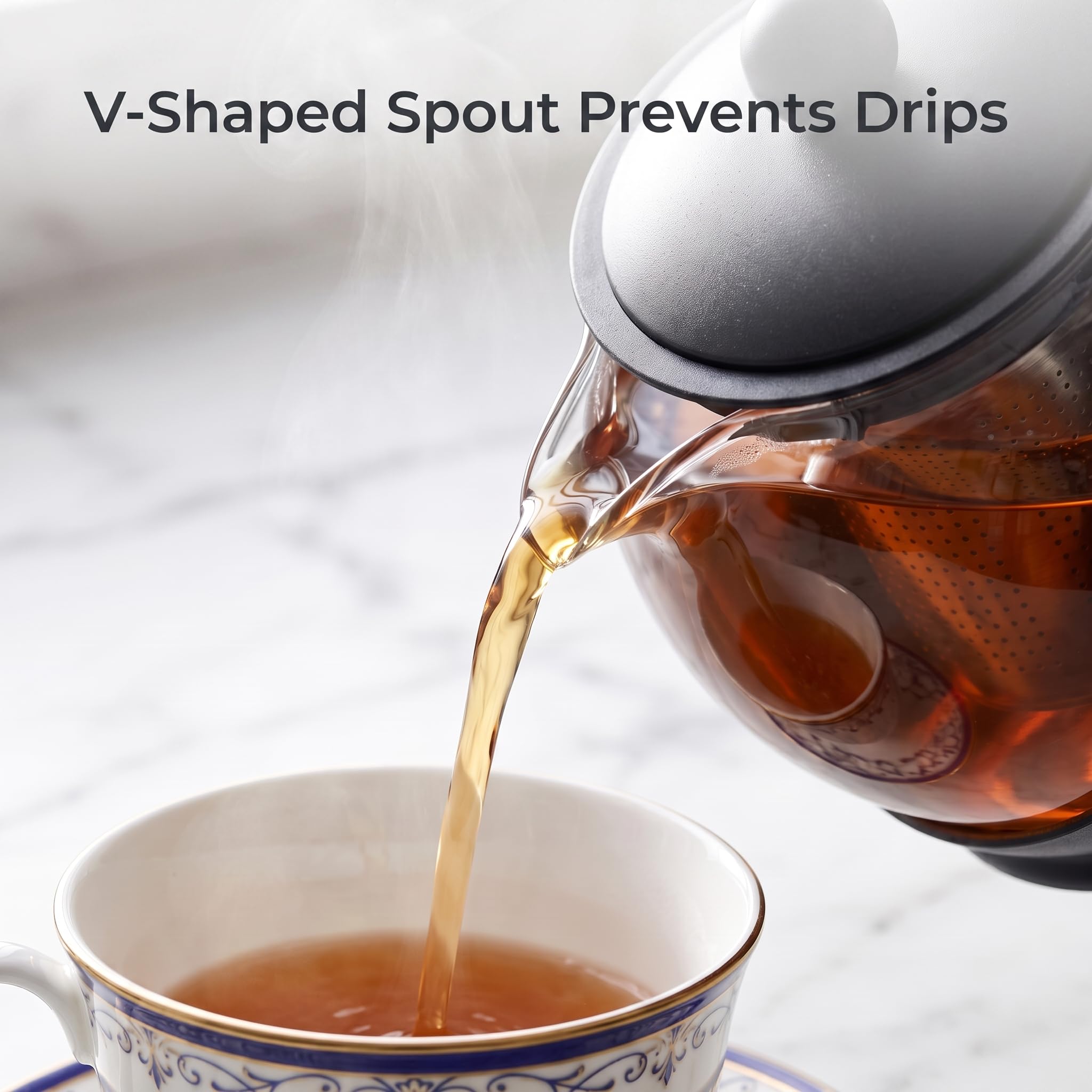 Teiera in vetro con infusore, teiera in vetro borosilicato da 1250 ml con filtro a rete fine rimovibile, beccuccio antigoccia a forma di V, macchina per tè sfuso per coppie, famiglia e