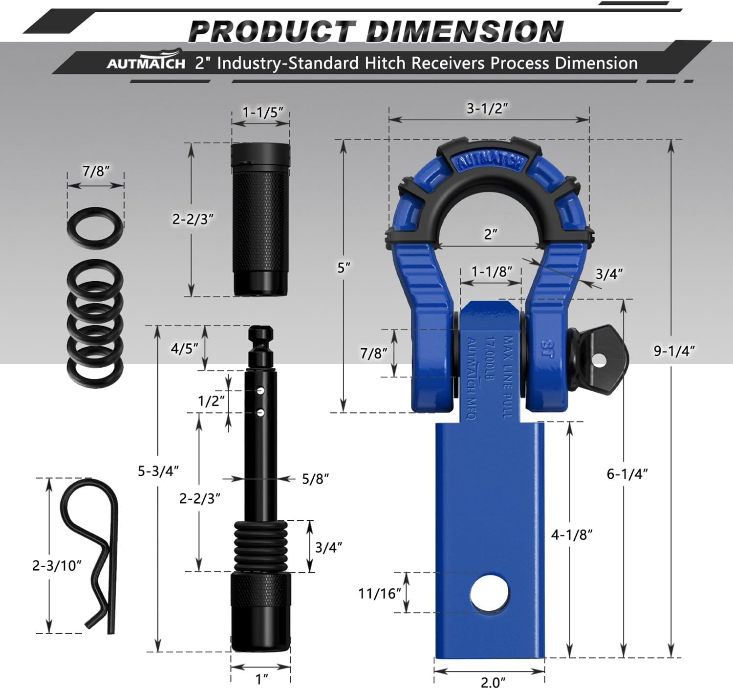 AUTMATCH Kinetic Recovery Tow Rope 1" x 20FT with Shackle Hitch Receiver 2 Inch, Heavy Duty Offroad Snatch Strap 48000Lbs for 4x4 Off-Road Vehicle, Truck, Trailer, ATV, UTV, Blue