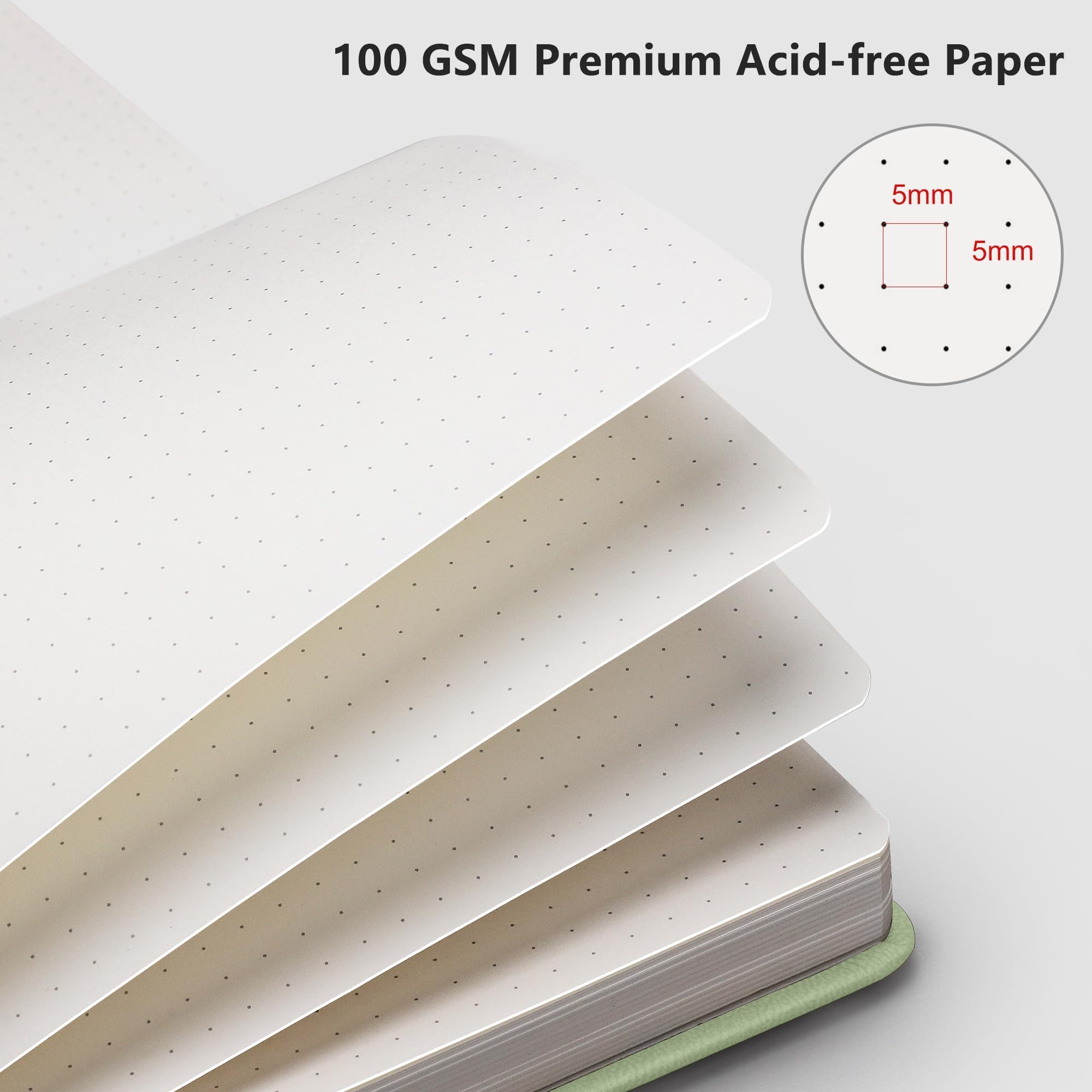 RETTACY Notizbuch, gepunktet, 320 nummerierte Seiten, A5 (14 x 21 cm) | Leder-Hardcover, 100 g/m² dickes Papier, für Journaling, Planung, Tracking (Hellgrün)