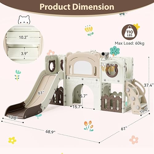 Miniatura 2 de Arlopu Juego de tobogán grande para niños de 10 en 1, juego de tobogán con pizarra para dibujar, aro de baloncesto, parque infantil resistente, casa