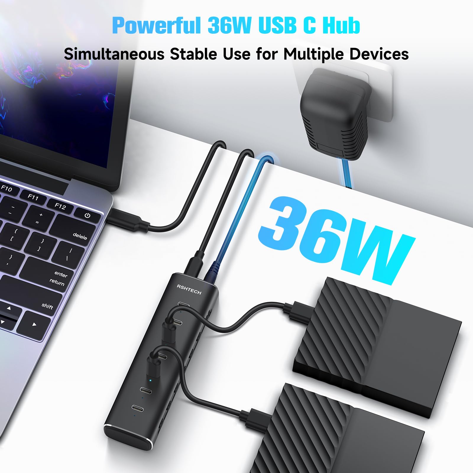 RSHTECH Hub USB C Alimentato, Hub USB 3.2 a 7 Porte in Alluminio con Alimentatore 36W 12V/3A e Cavo 1m per Notebook/PC Desktop Dotati di Porte USB-C e Thunderbolt, RSH-H7C