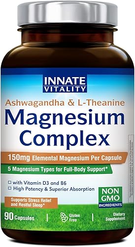Innate Vitality Complejo de magnesio, citrato de glicinato de magnesio malato taurato con Ashwagandha L-teanina vitamina D3 y B6, alta absorción,