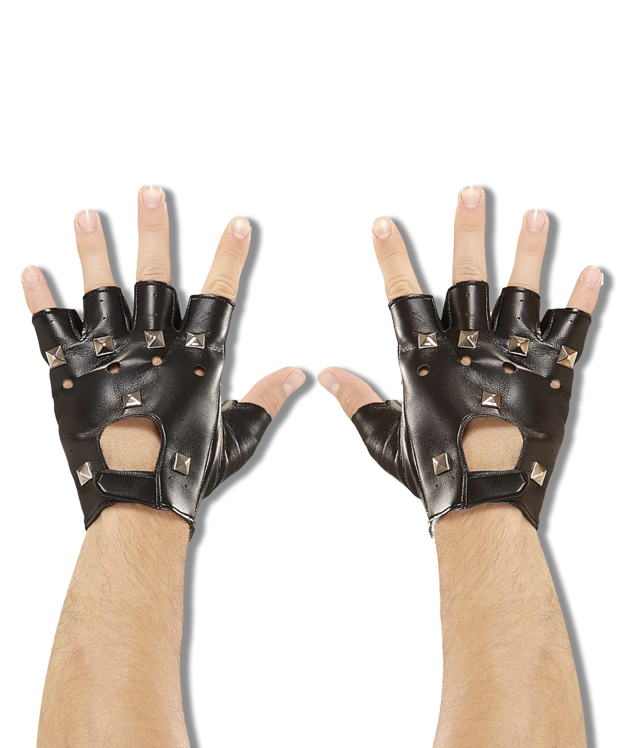Bella Dox Studded Biker Gloves - Punk Rock Star Fancy Dress Gloves for 80s, Steampunk, YMCA, Carnival & Cosplay Theme Parties (Black)