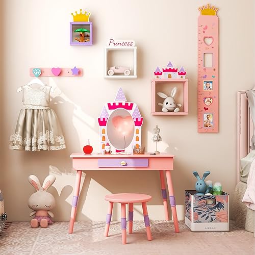 Miniatura 2 de Costzon Juego de tocador para niños, juego de tocador para niñas con espejo y taburete, tocador de maquillaje de princesa con cajón, tabla de