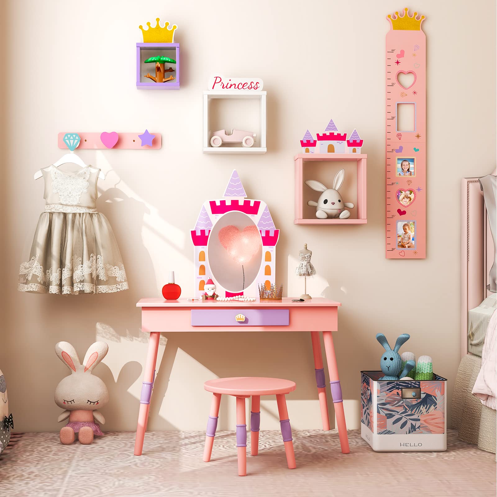 LIFEZEAL Tocador Infantil Castillo, Tocador Infantil con Espejo y Taburete 3+ Años, Tocador de Madera 74x39x101,5 CM, Capacidad de Carga 30/50 KG, Rosa