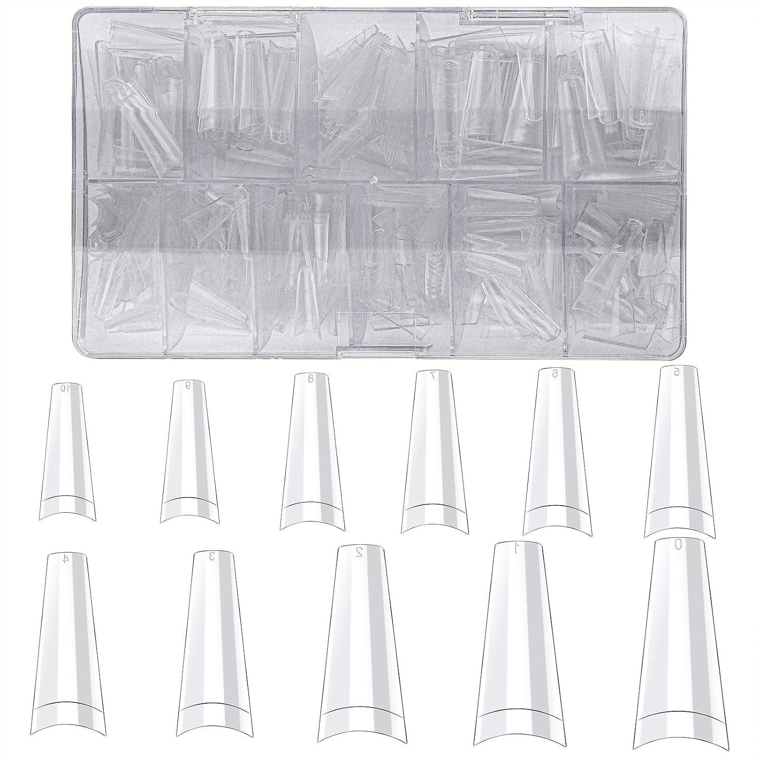 Elcoho 600 Pieces Acrylic Nail Tips Artificial False Nails, Clear French Acrylic Style Fake Nails Tips Half Cover Acrylic False Nails 11 Sizes with Box for Nail Salons and DIY Nail Art